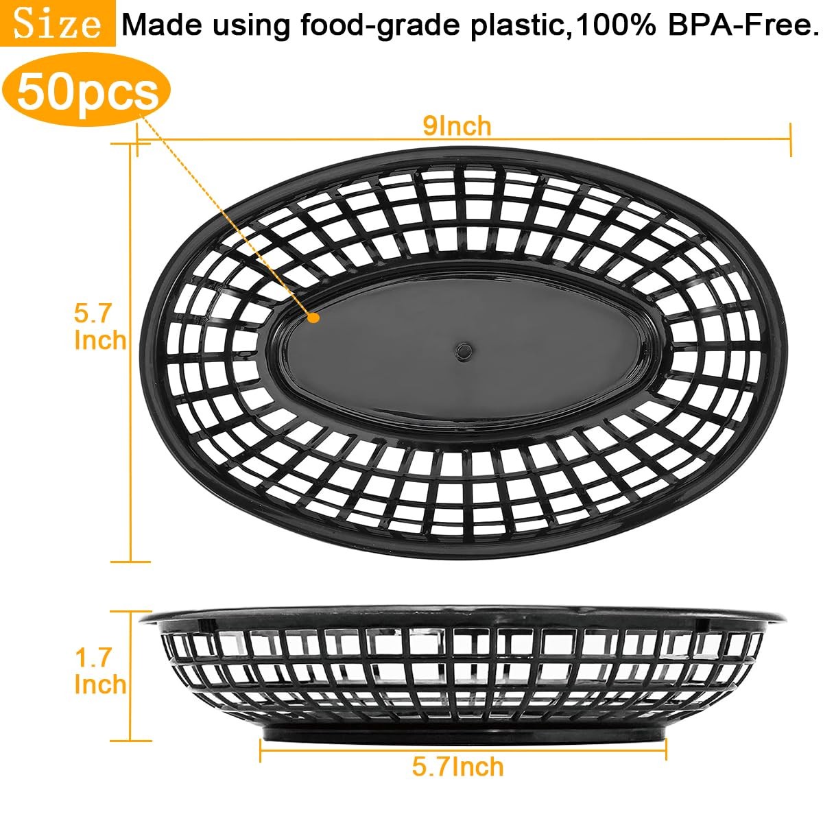 50 Pack Black Plastic Food Baskets 9″ x 5.7″ Oval Fry Fast Food Basket Plasti…