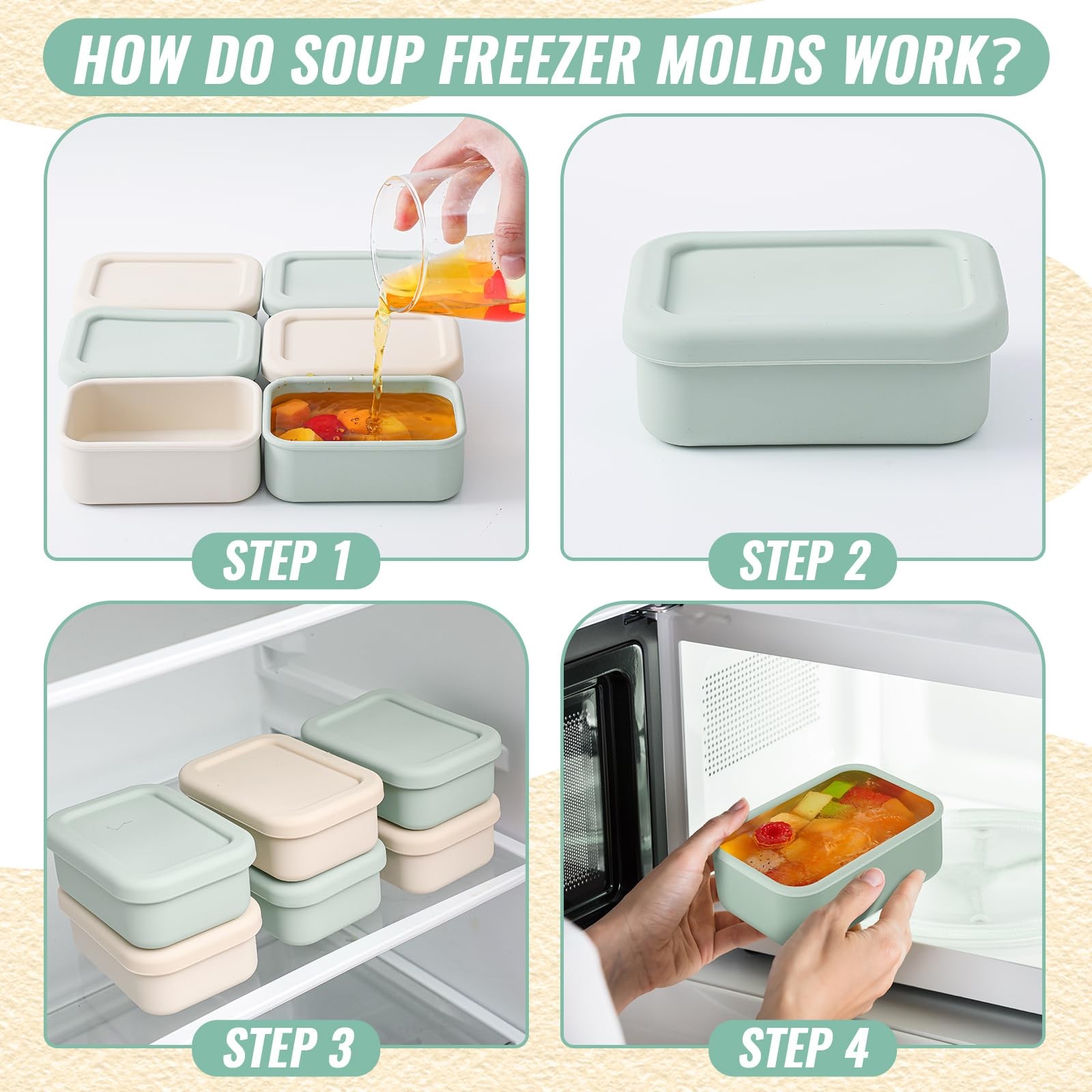 Teenyyou 6 Packs 1 Cup Silicone Soup Freezer Molds with Lid Silicone Soup Fre…
