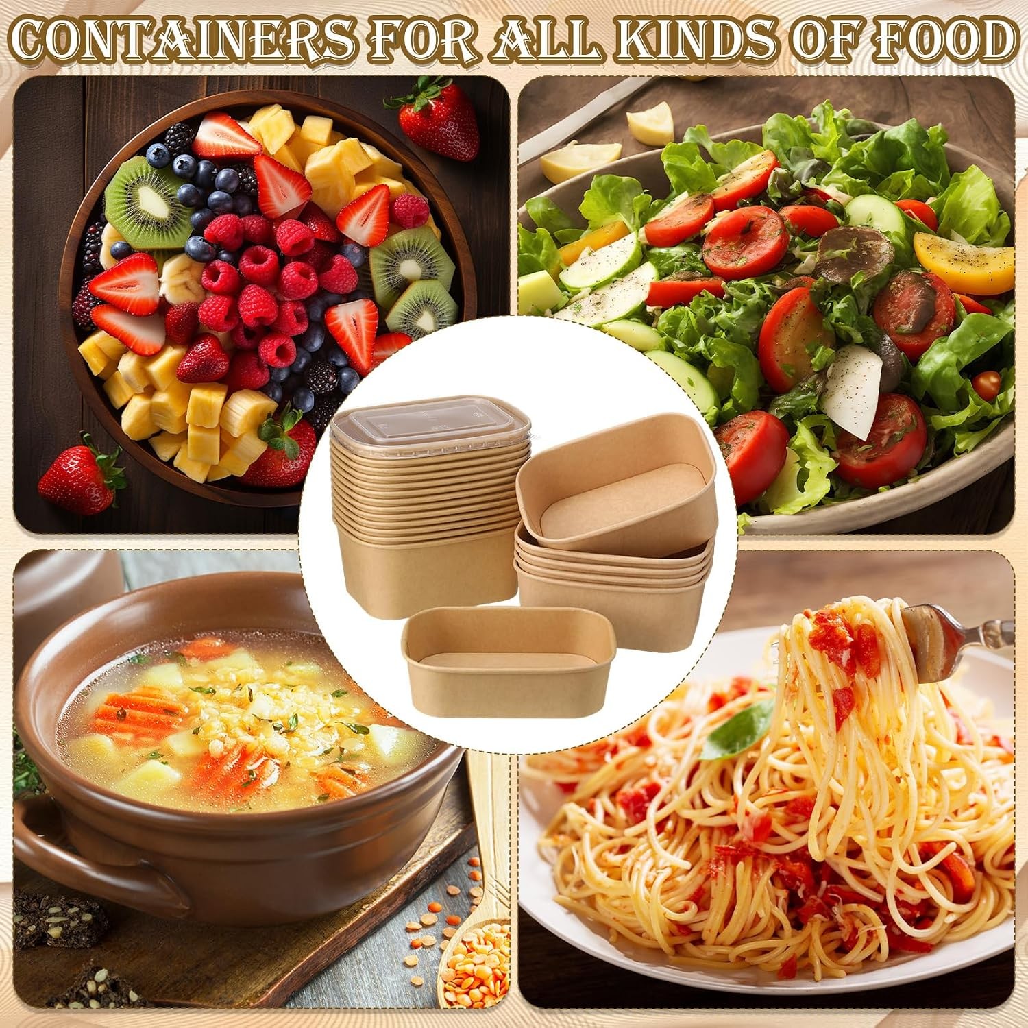 50 Set Paper Food Containers with Lids 3 Sizes Variety Pack (17oz/29oz/34oz)
