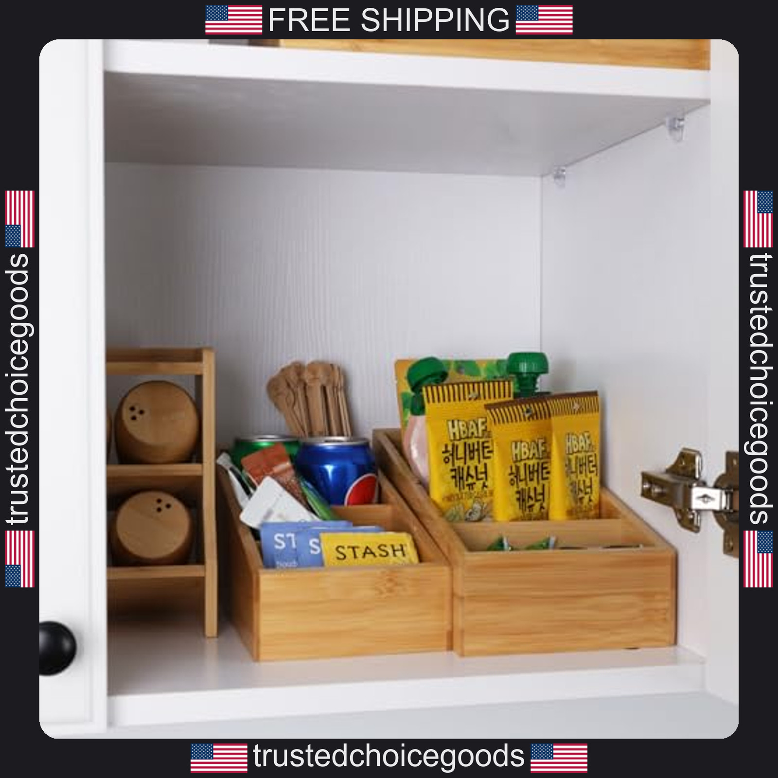 Set of 2 Bamboo Pantry Organizers with Removable Dividers for Kitchen Storage