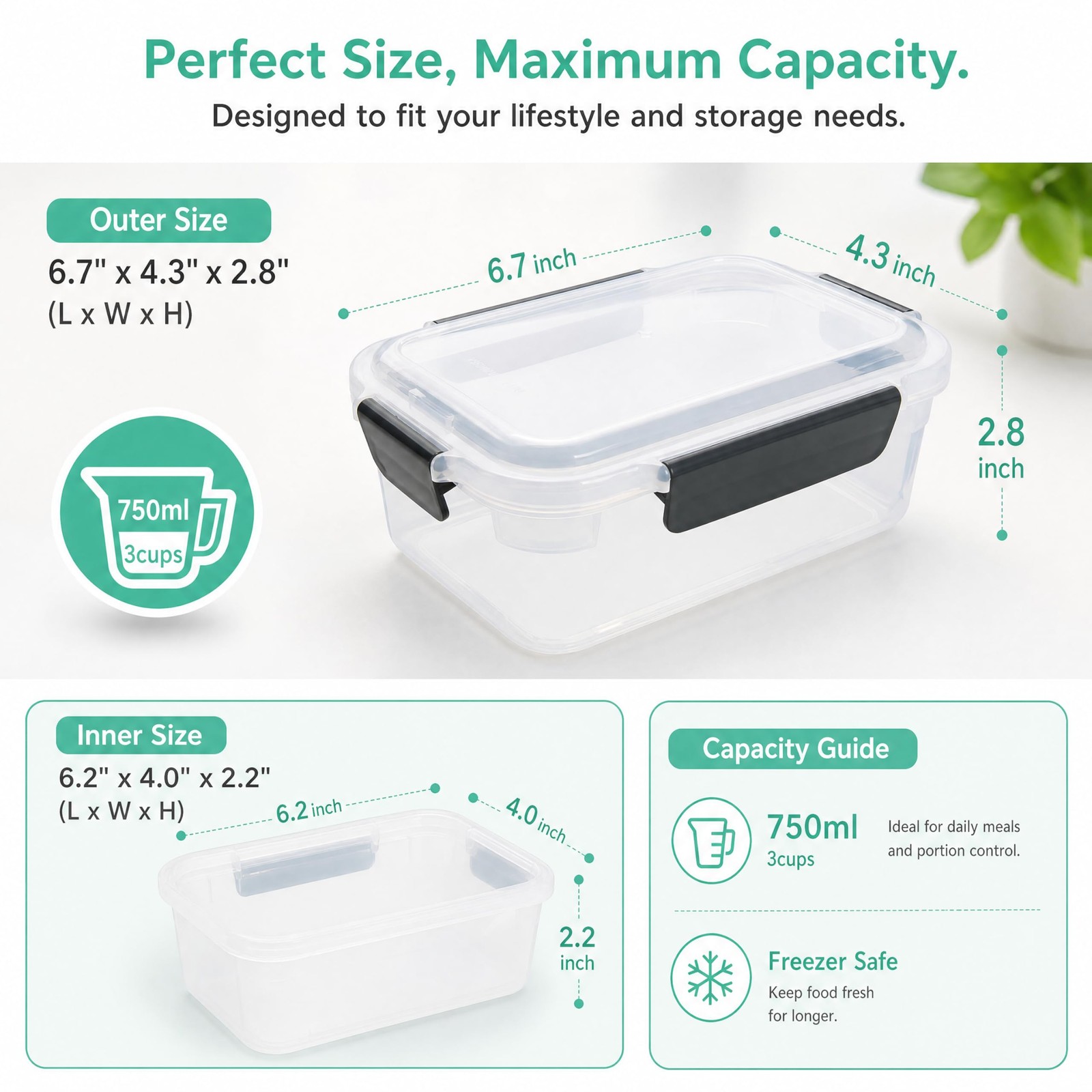 3~Cup Plastic Food Storage Containers with Lids, Nestable, 5~Pack