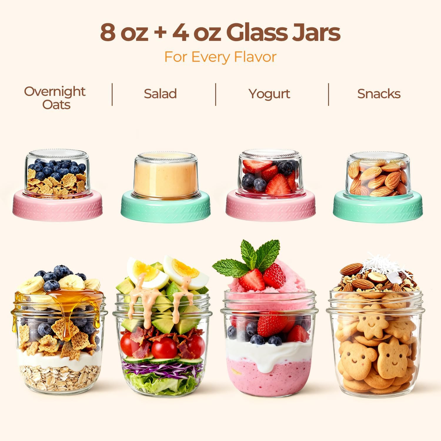 ComSaf Overnight Oats Containers with Lids (8oz+4oz, 2Pcs), Glass Yogurt Parfait