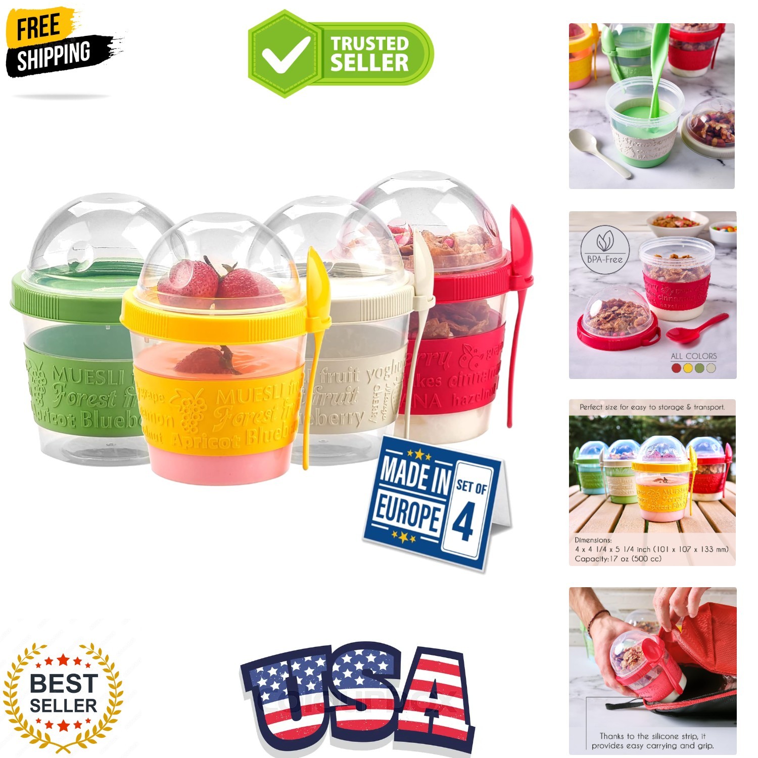 4 Pack 17 oz On The Go Yogurt Parfait Cups with Lids, Mini Breakfast On the G…