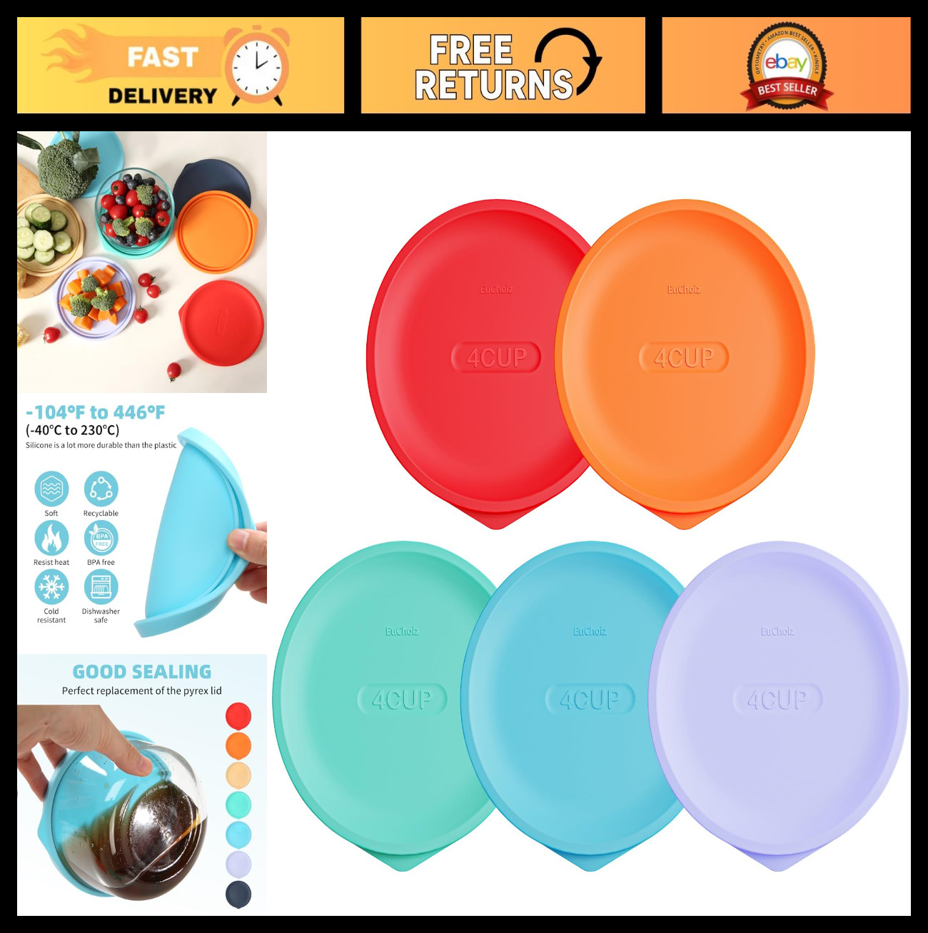 Silicone Replacement Lids for 4 Cup Glass Bowls – 5 Pack Mixed Colors, Airtight