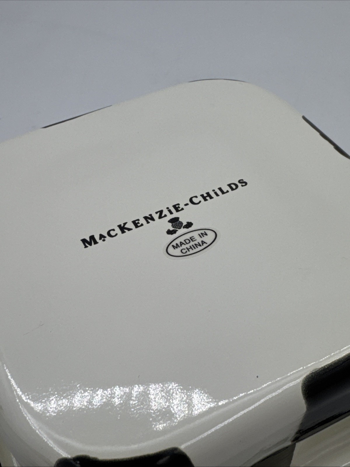 MacKenzie Childs Courtly Check Enamel Storage Container w Lid 4.5” x 4.5” x 2”