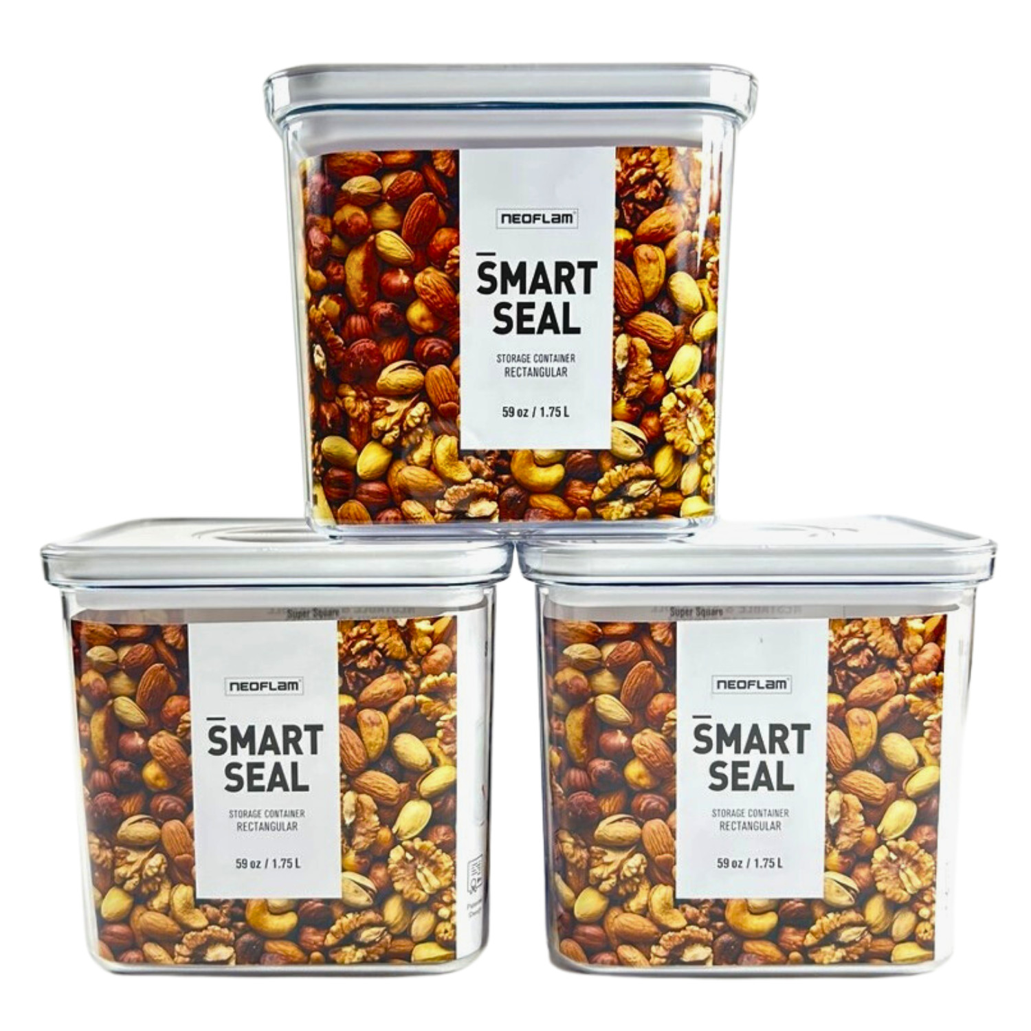 3 Set, Neoflam Airtight Rectangular Smart Seal Food Storage Containers, BPA free
