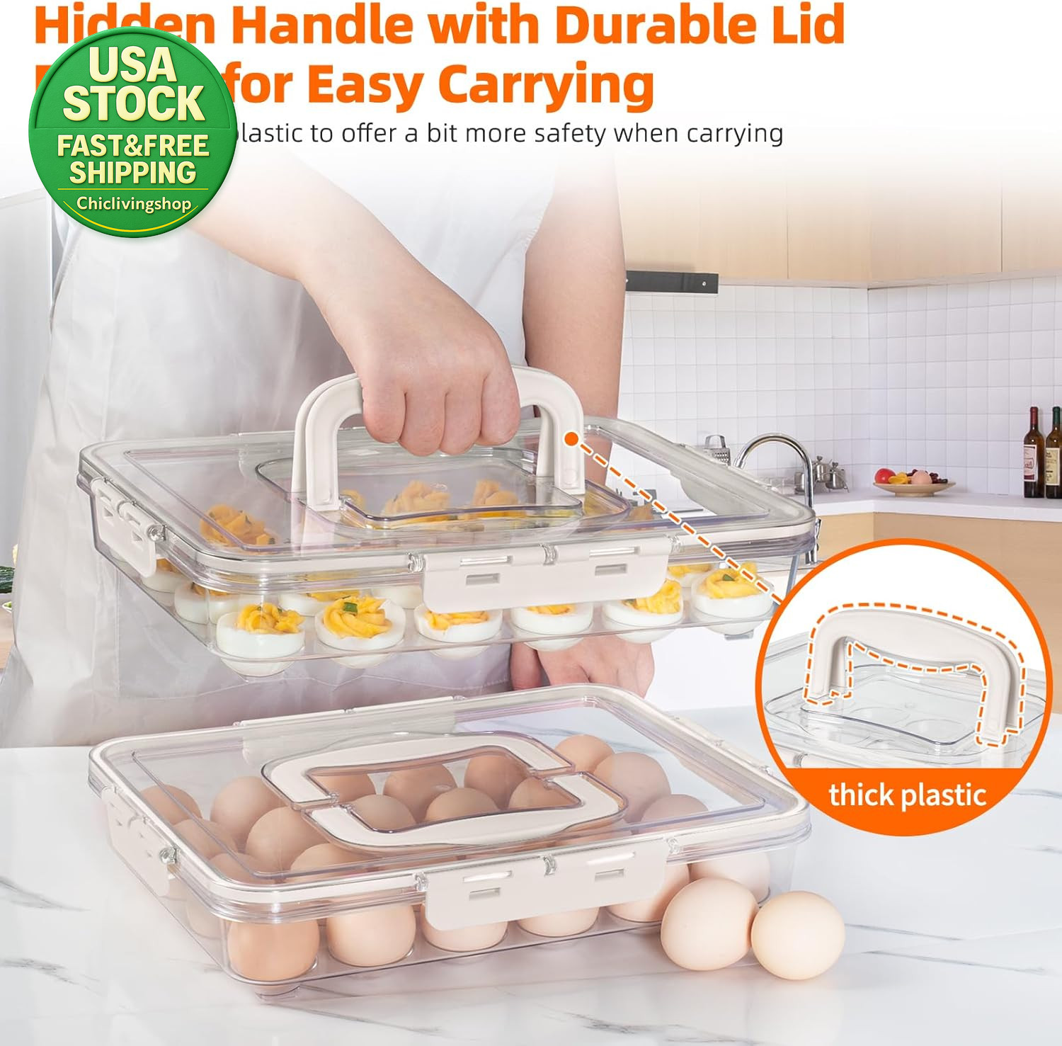 2 Pack Deviled Egg Carrier Tray with Lid Handle Clear Storage Holds 48 Eggs
