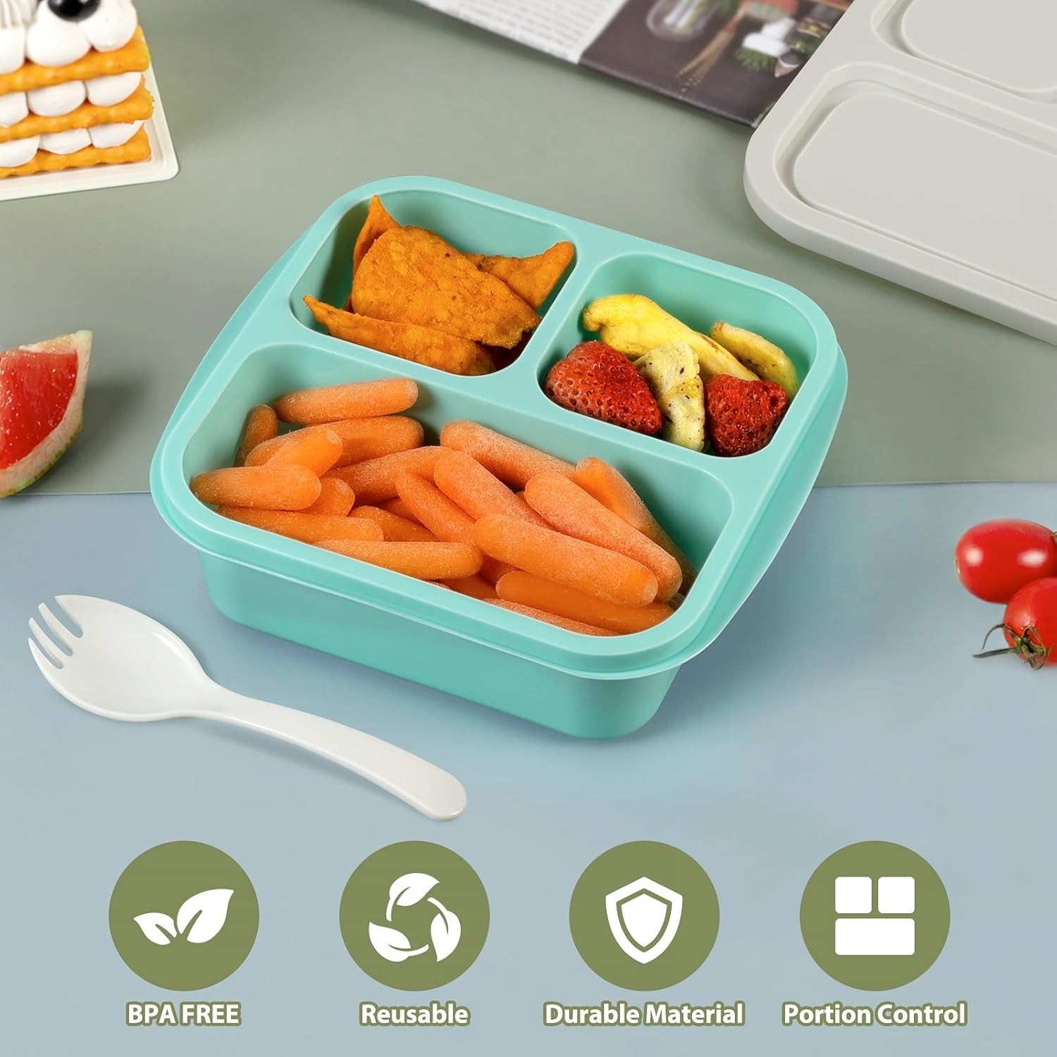Snack Box Container with lids, Reusable 3 Compartment Bento Lunchable Container