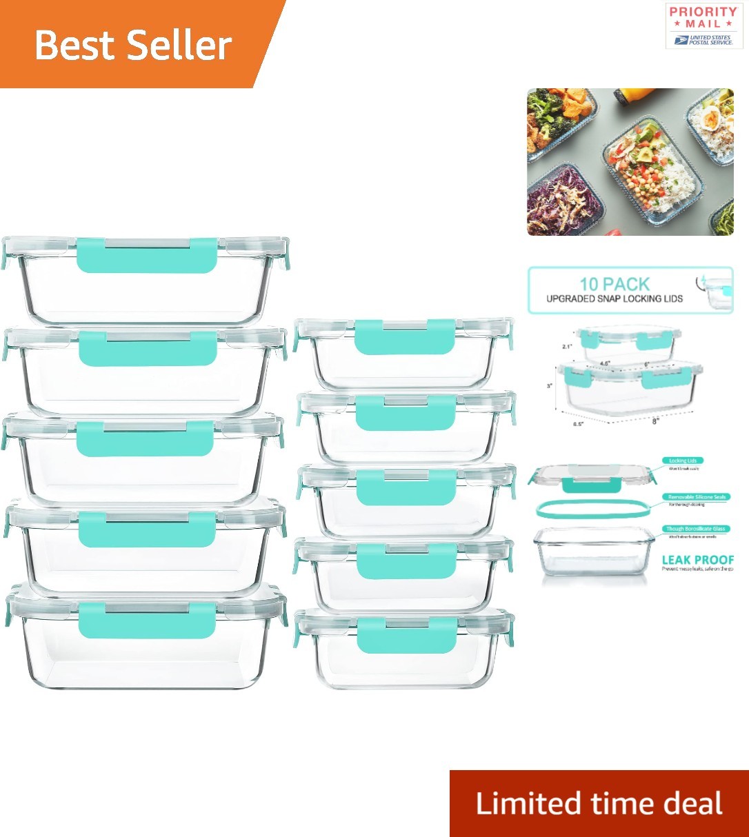 Microwave Safe Glass Containers 10 Pack Meal Prep Food Storage Green Rectangular