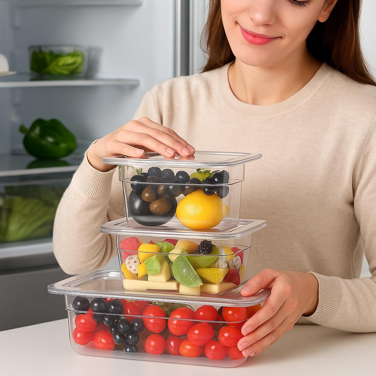 12 Pcs Plastic Food Pans with Lids 1/3, 1/6, 1/9 Size 4” Deep Clear Stackable P