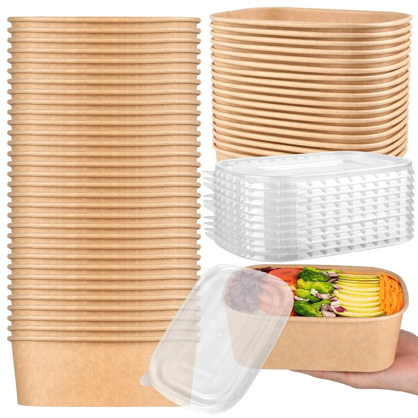 50 Pack – 29oz Disposable Kraft Paper Bowls with Lids. Meal Prep Containers