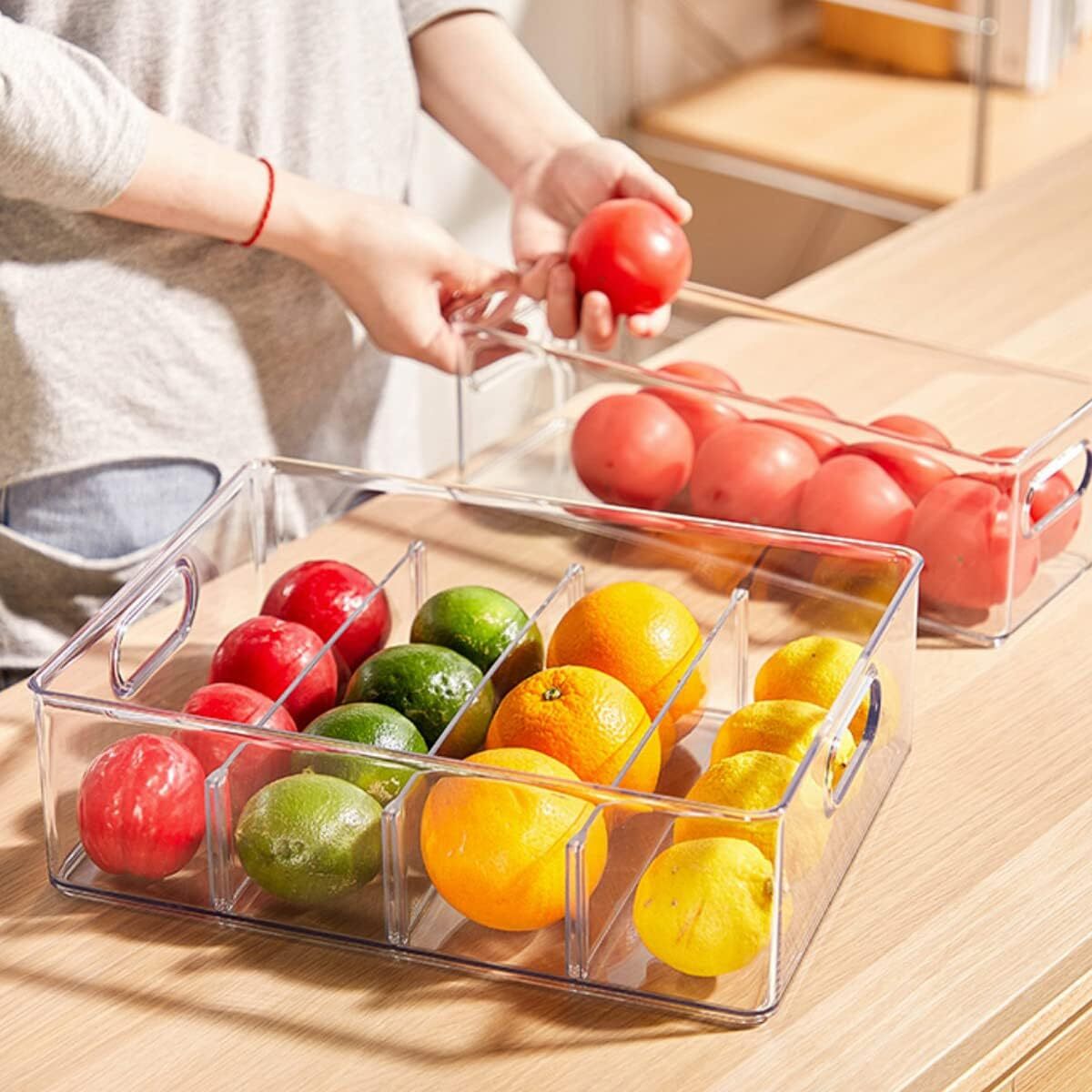 4 Pack Stackable Refrigerator Organizers Clear Containers with Handle Dividers