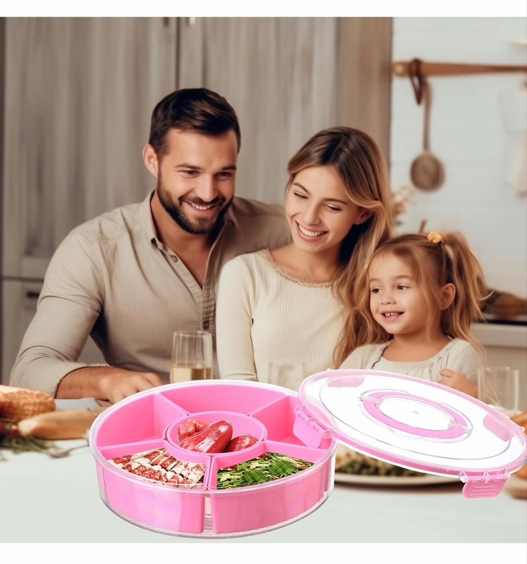 NEW PINK Snackle Dishwasher Safety Divided Rotating Serving Tray Handle Portable