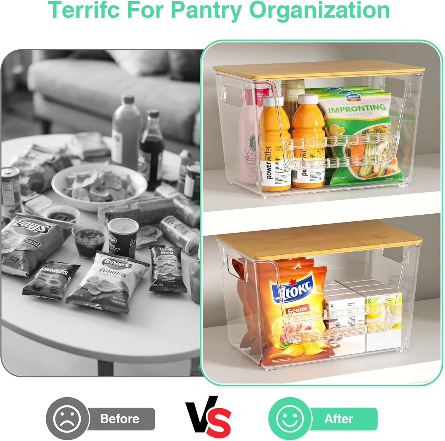 2 Set Pantry Organizers,Stackable Potato & Onion Storage Bins W/ Bamboo