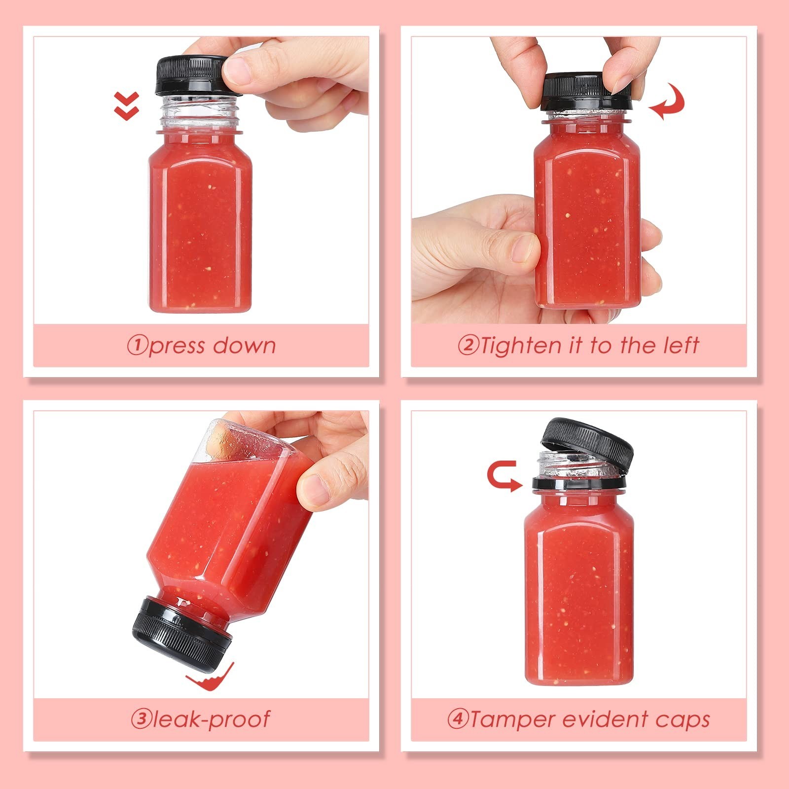 30 Pack 5oz Reusable Plastic Juice Bottles with Leak-Proof Caps – Clear Drink Co