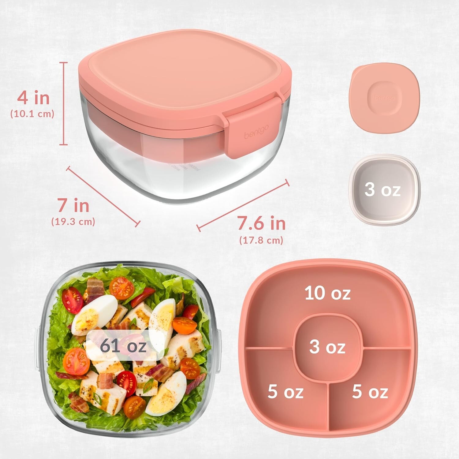 61-oz Glass Salad Bowl with Bento Tray & Leak-Proof Sauce Container – Coral