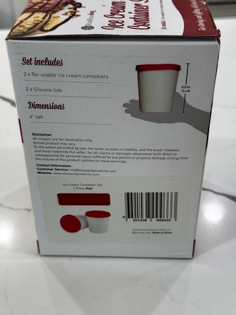 StarPack Ice Cream Container Set of 2 white containers w/ red lids-NEW IN BOX