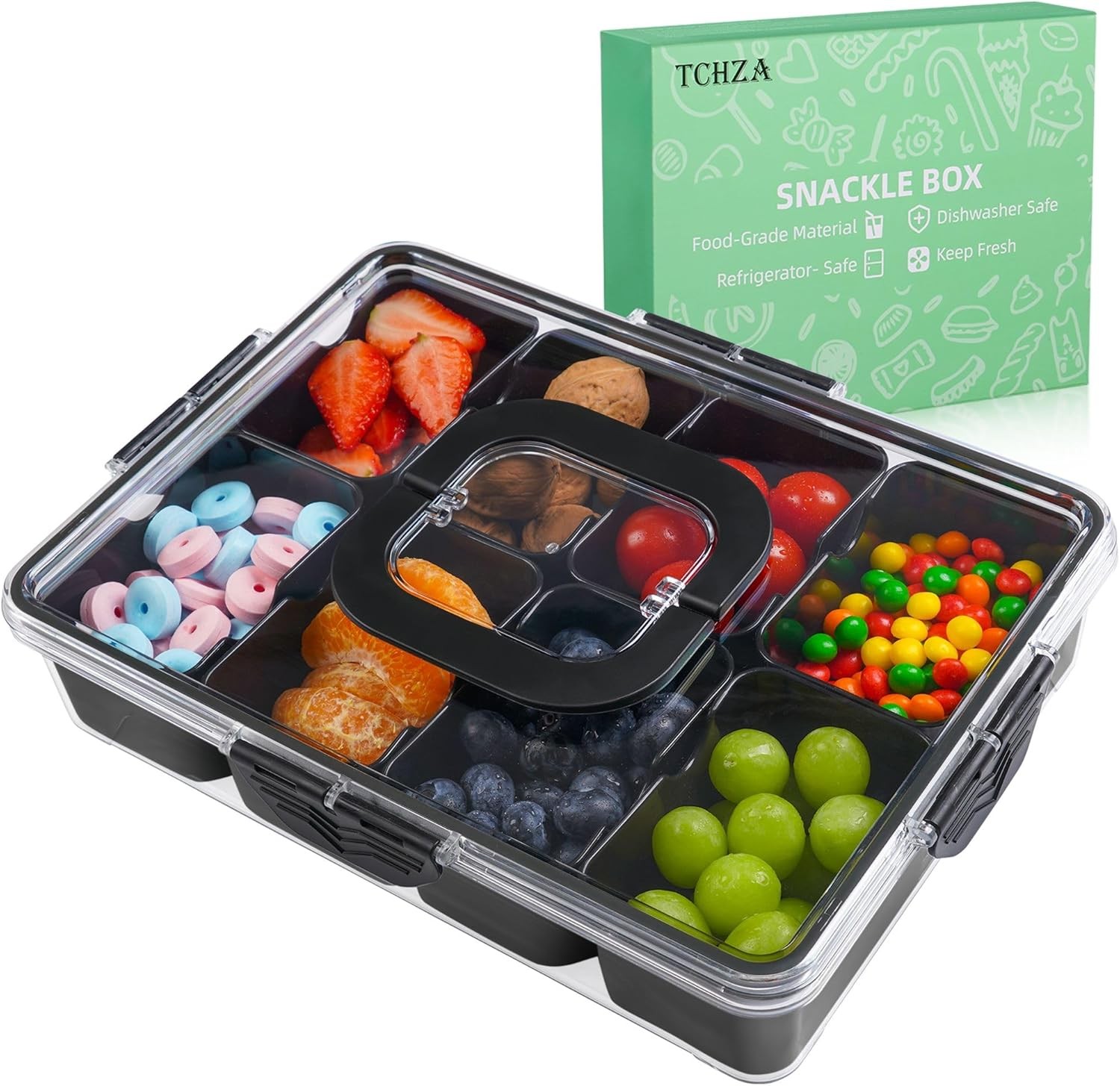 Snackle Box Container Dishwasher Safety Divided Serving Tray W/ Lid & Handle
