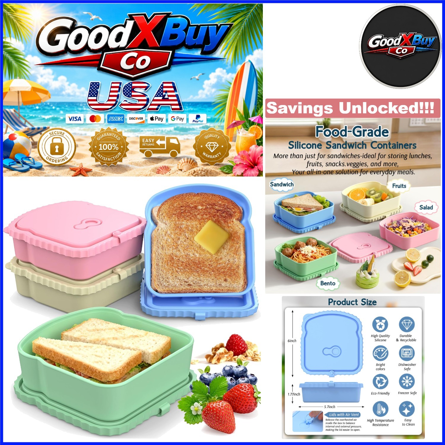 4 Pack Reusable Silicone Sandwich Containers Leak-Proof Lunch Boxes Pink Blue…