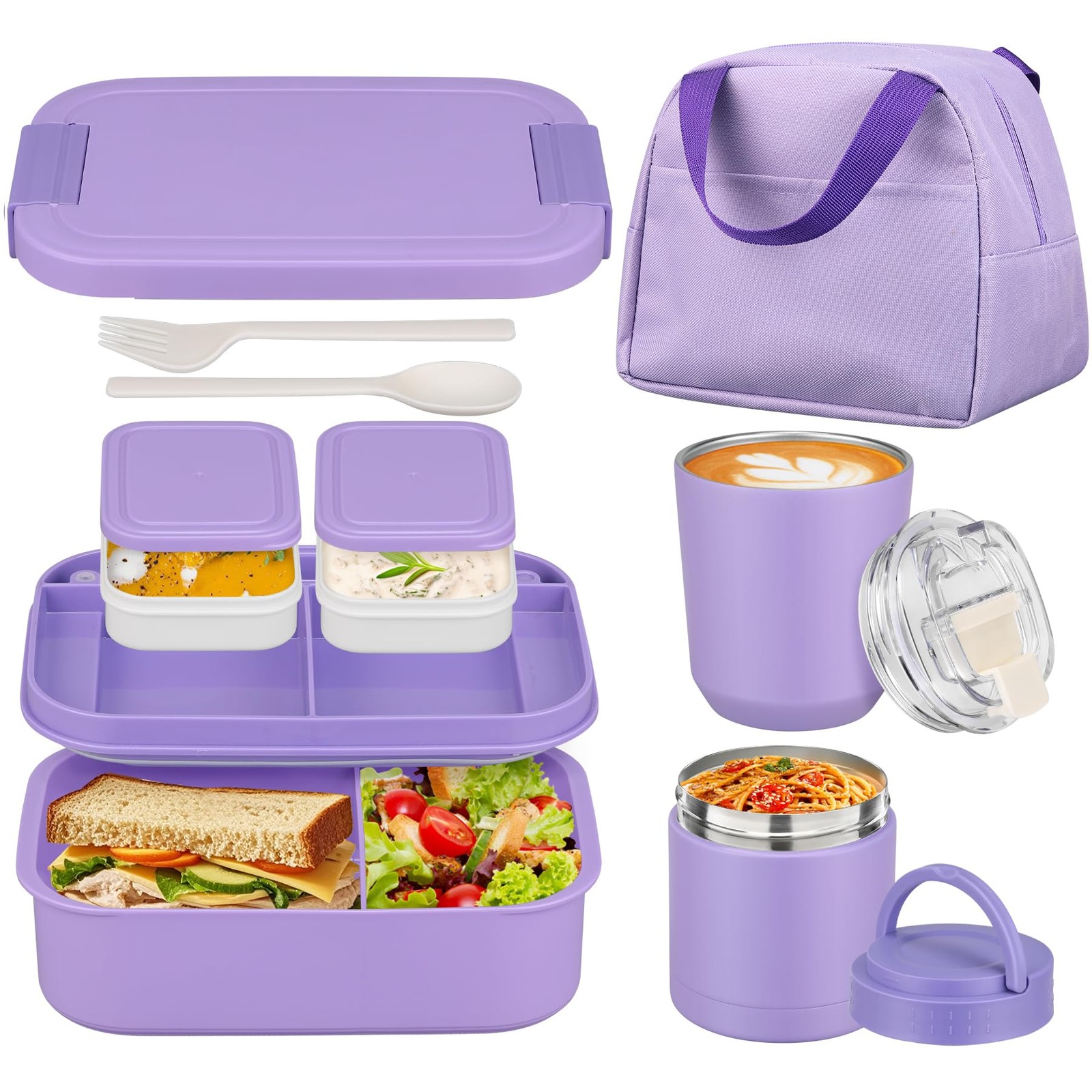 Large Bento Lunch Box Set for Adults Kids Women with 10.5oz Soup 1, Purple