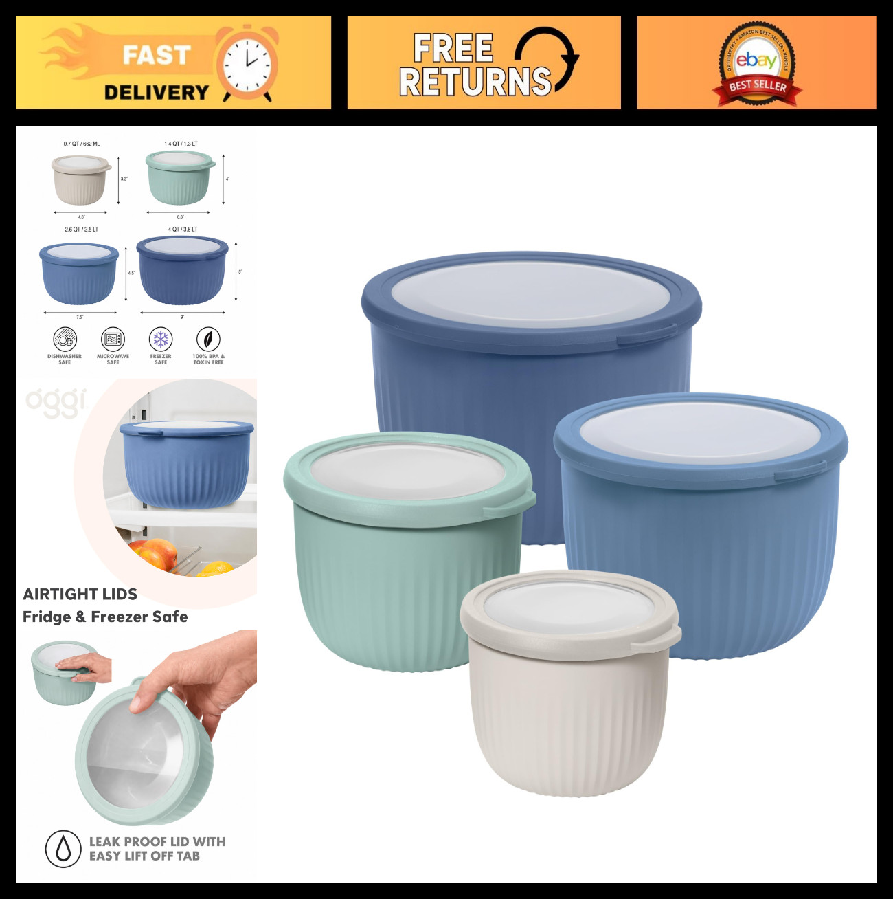 Set of 4 Multicolor Prep, Store & Serve Plastic Bowls with Lids – Dishwasher, Mi