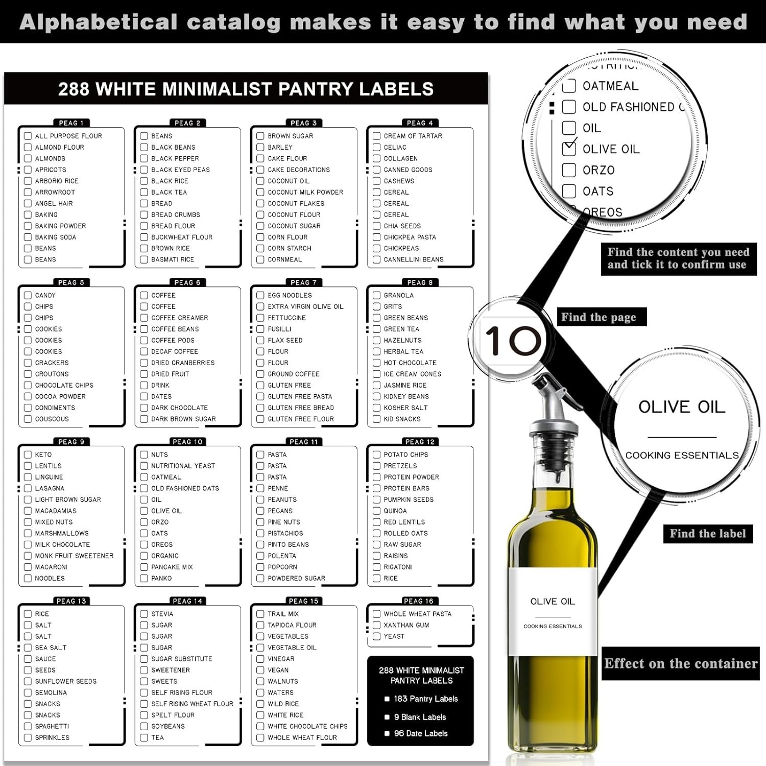 288 Pantry Labels for Food Containers, Preprinted Minimalist Waterproof Stick…