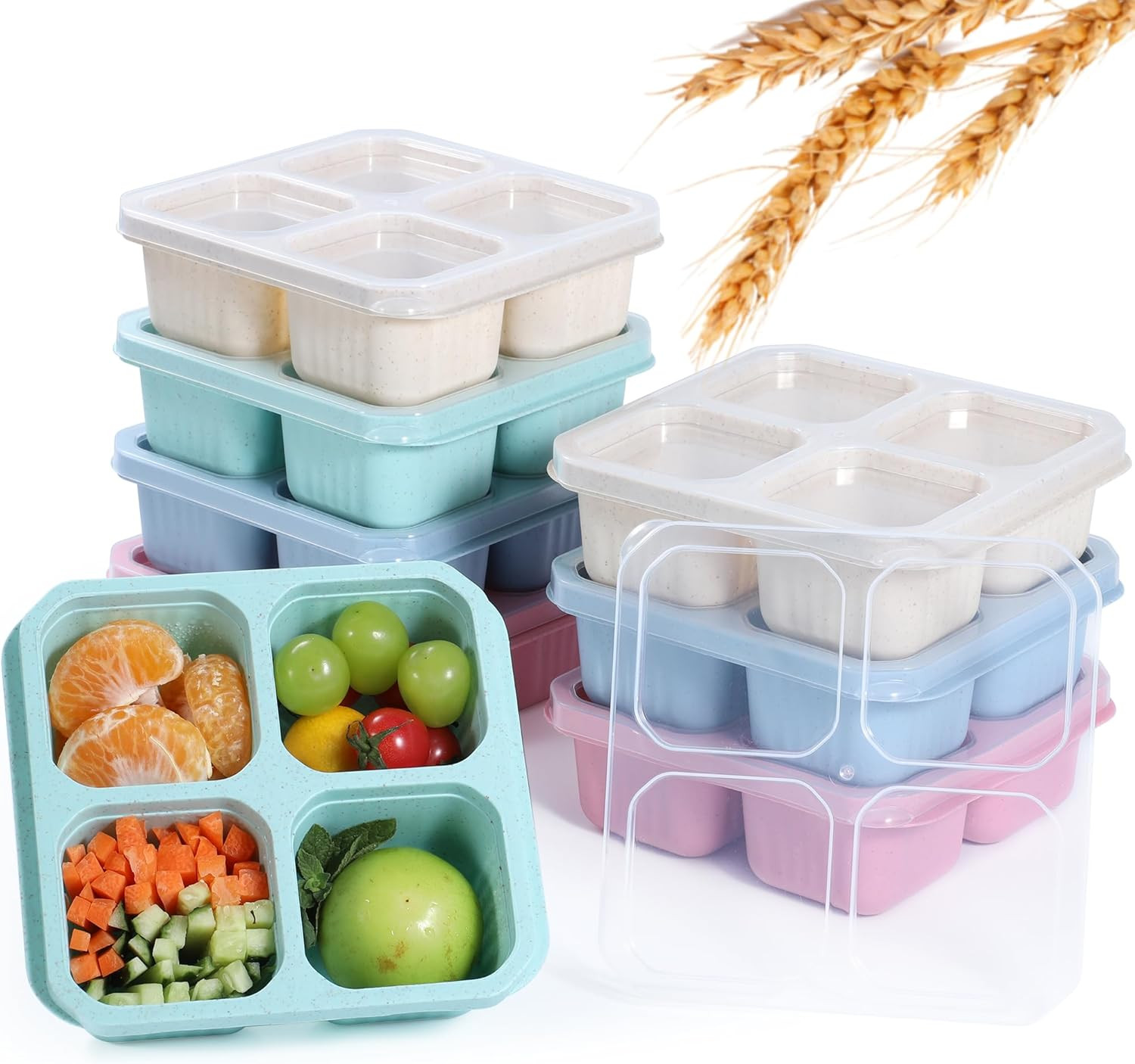 8 Pack Wheat Straw Snack Containers, 4-Compartment Reusable Bento Box with Lids