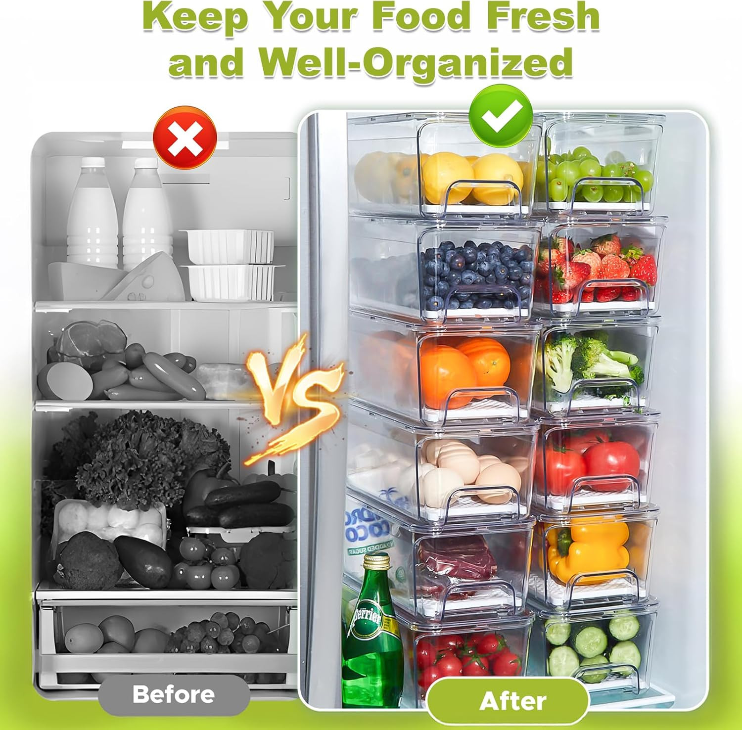 4-Pack Refrigerator Drawer Organizer Bins, Clear Stackable Pull Out Fridge Organ