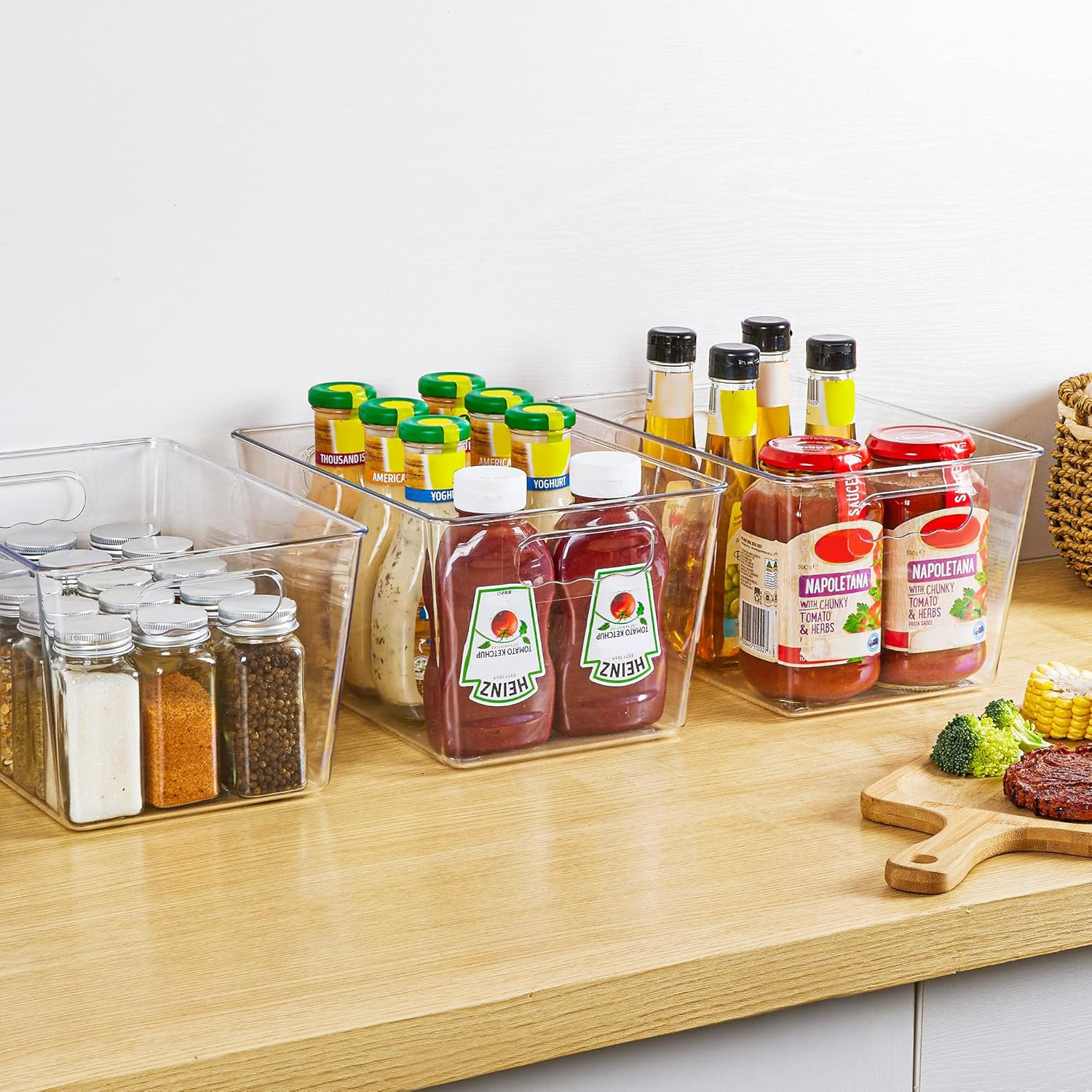 6 Pack Clear Pantry Organizer Bins Plastic Containers with Handle for Kitchen