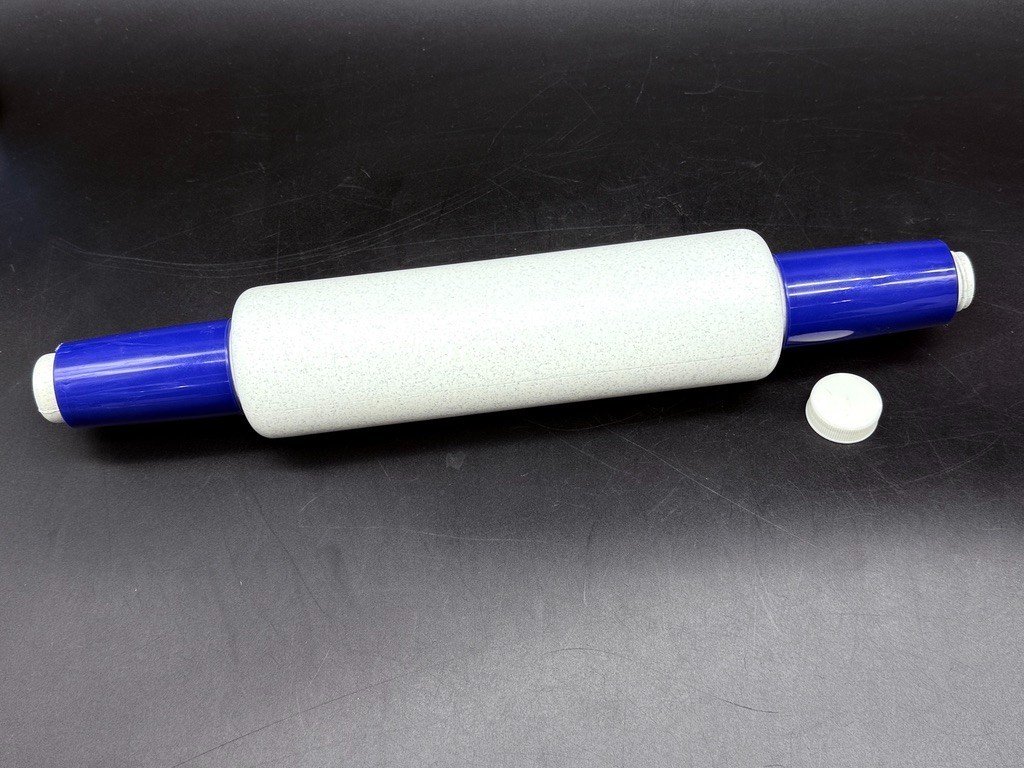 Vintage Speckled White Blue 16″ Fillable TUPPERWARE Rolling Pin 9″ Body with Cap