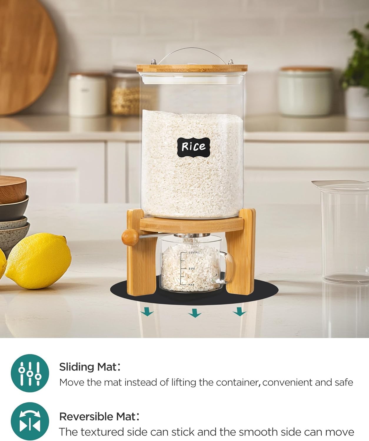 5-7 lbs Glass Rice Dispenser W/ Wooden Stand Flour & Cereal Container W/ Glass