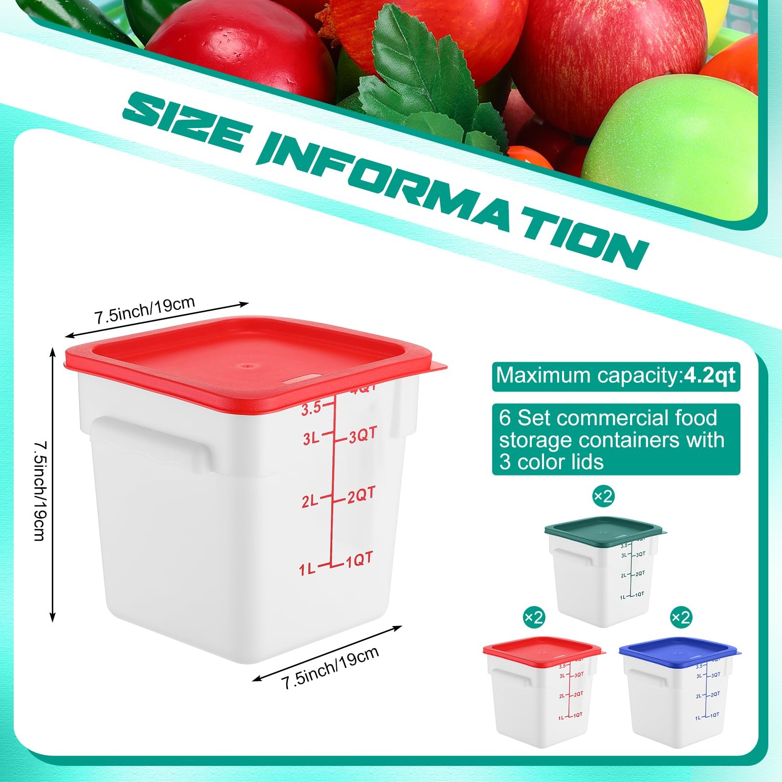 6 Pieces 4 Quart Commercial Food Storage Containers with Lid Translucent Cont…