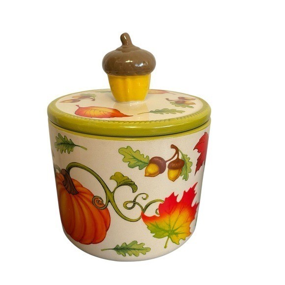 Temp-Tations Set of 2 Fall Harvest Ceramic Canisters Pumpkin and Acorn Lids