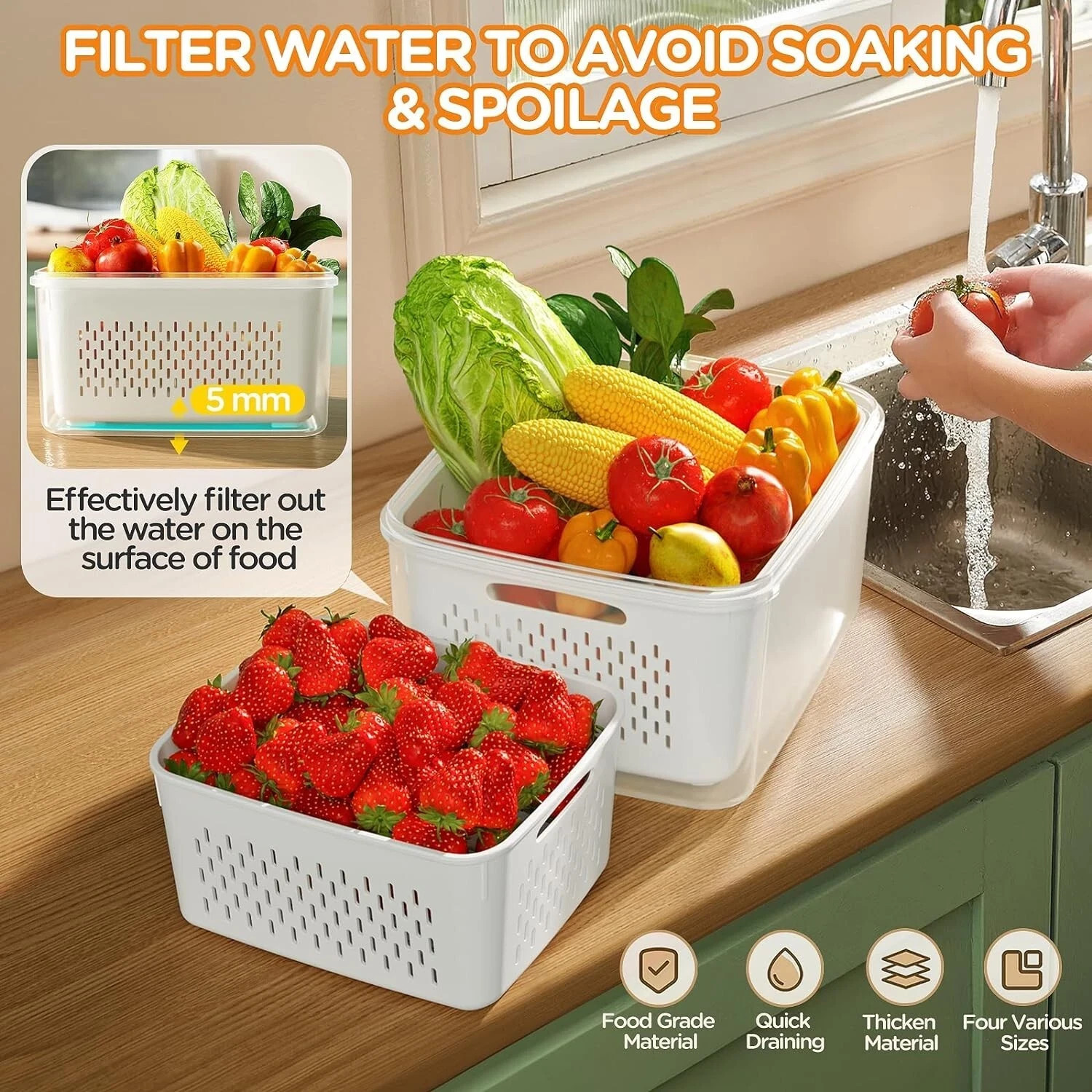 Contenedores de almacenamiento para refrigerador con coladores extraíbles US NEW