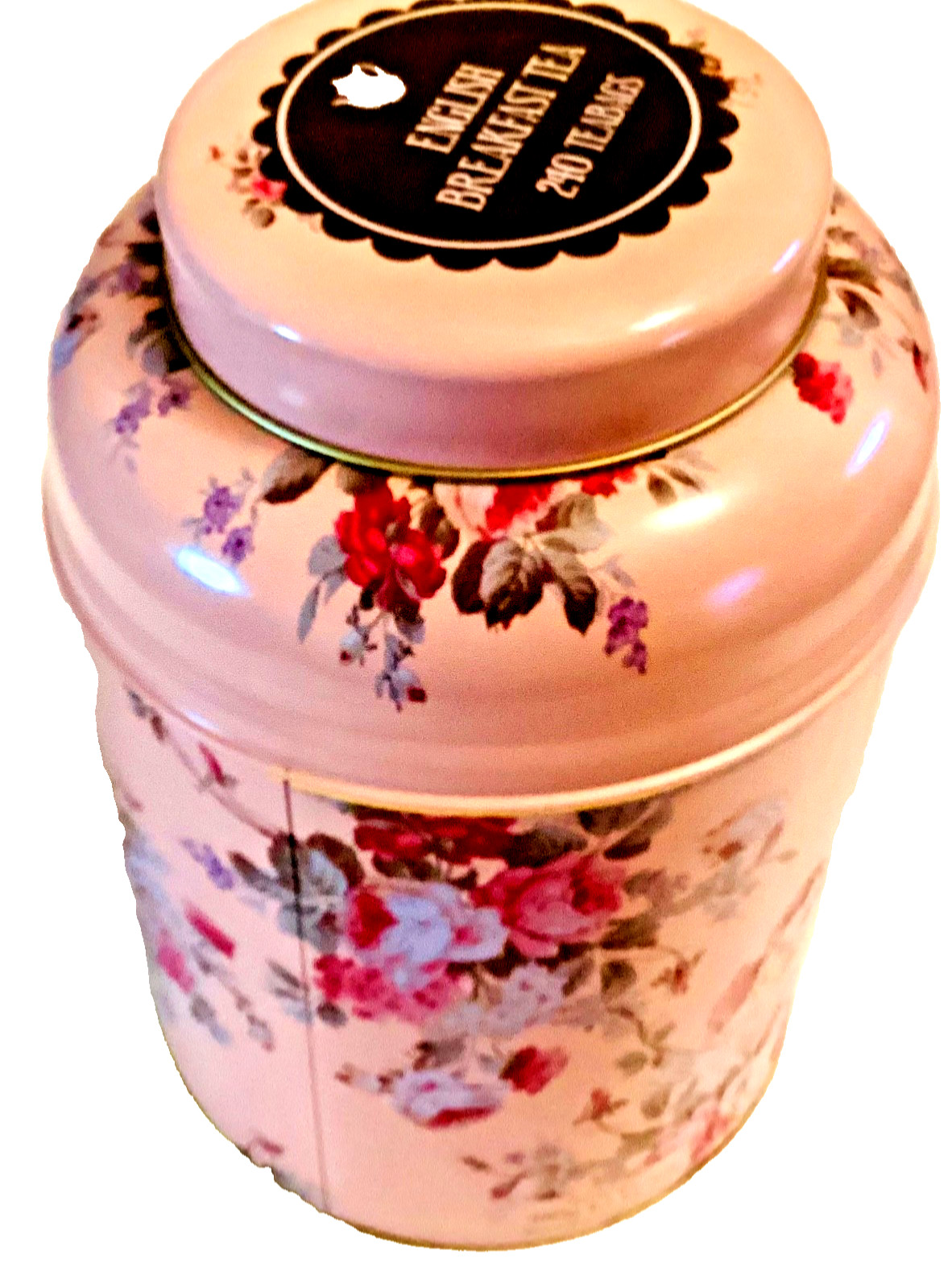 English Breakfast Tea X-Large Pink Floral Tea Tin Canister Shabby Chic Cottage