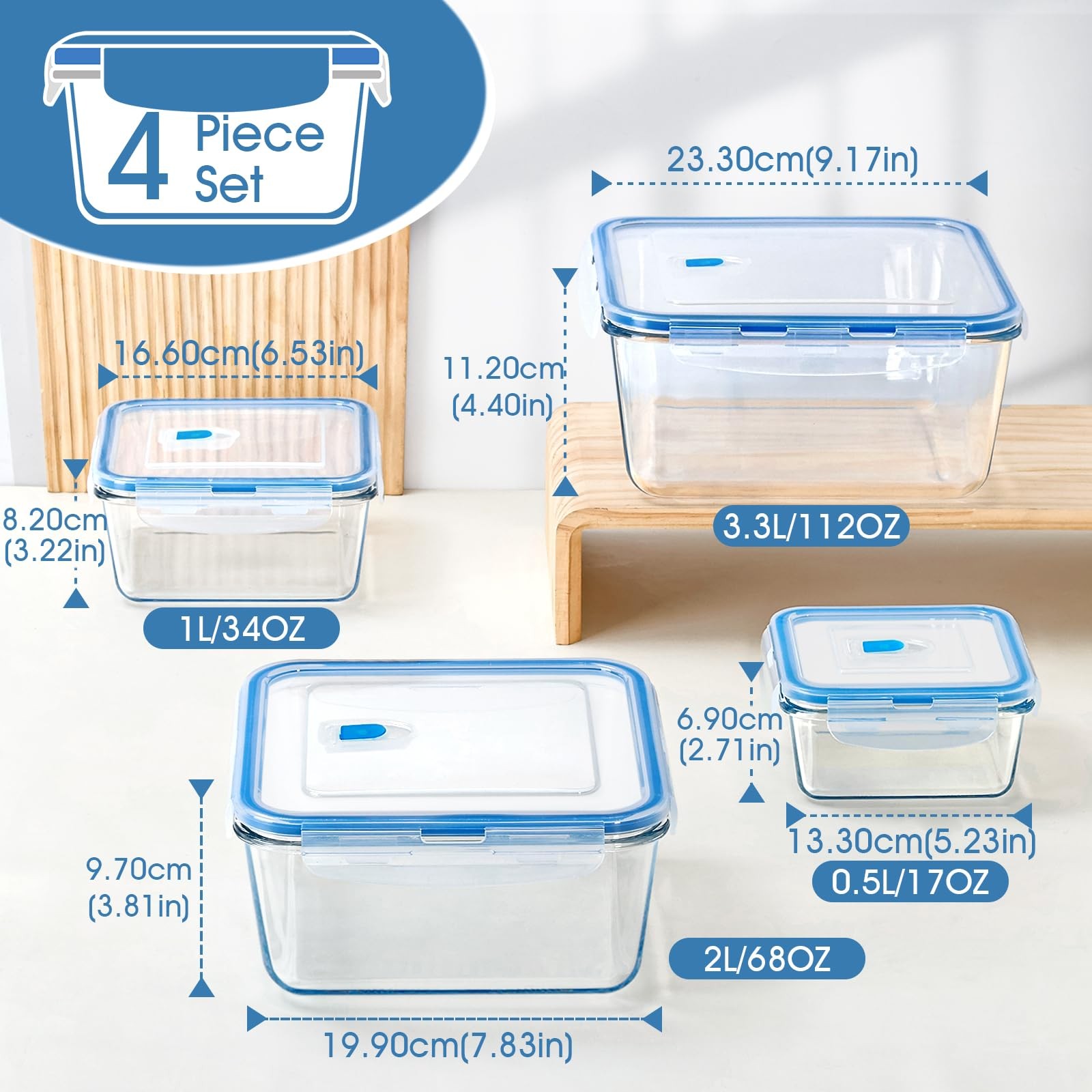 112/68/34/17oz Square Large Glass Food Storage Containers with Airtight Lids,…