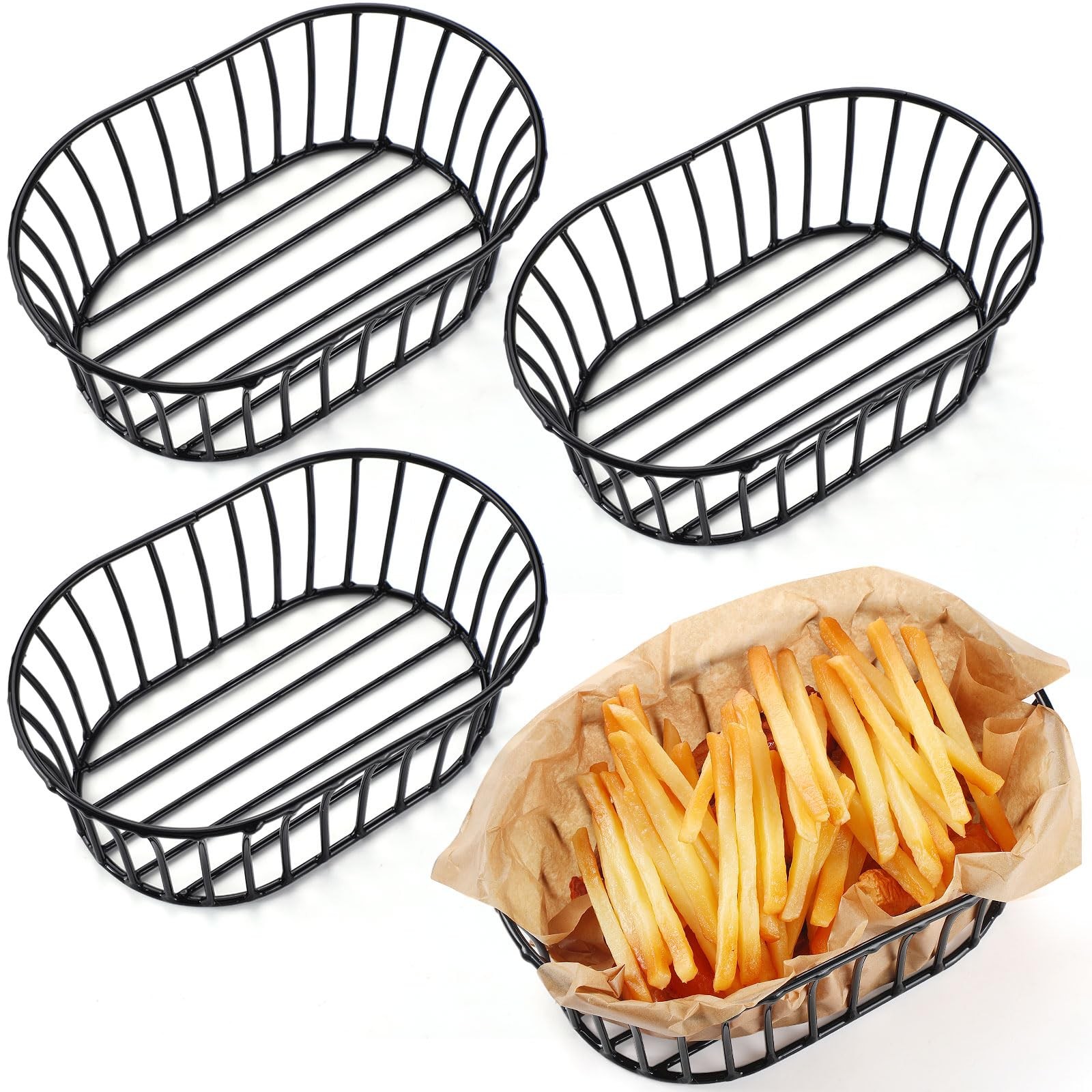 4 Pcs Wire Bread Basket 8.5 x 5.5 Inch Oblong Black Iron Wire Baskets for Ser…