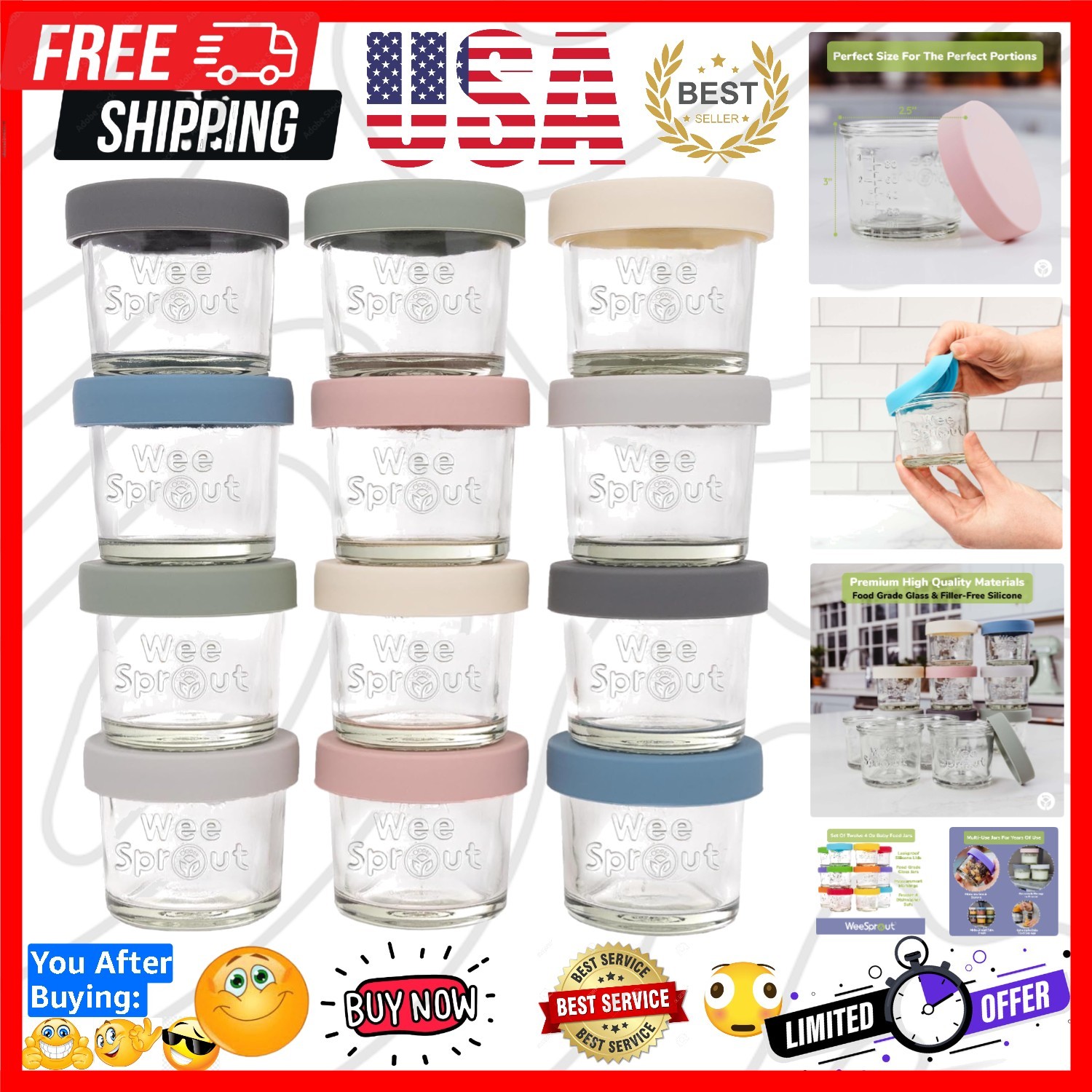 Glass Baby Food Storage Jars w/Lids 4 oz, 12 Pack Set Snack, Puree, Reusable …