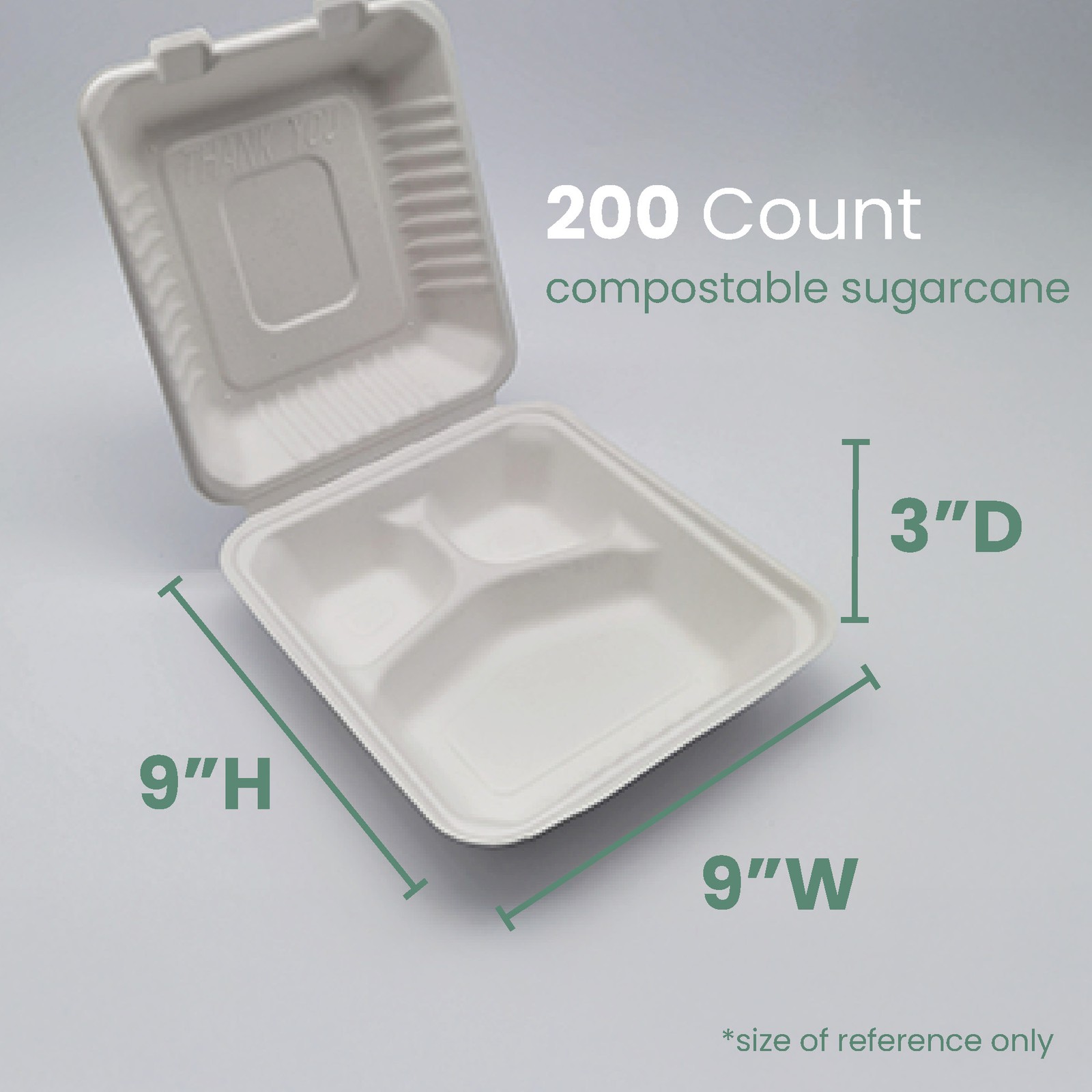 3-Compartment Hinged White Take Out Containers – 9″ – 200 Count