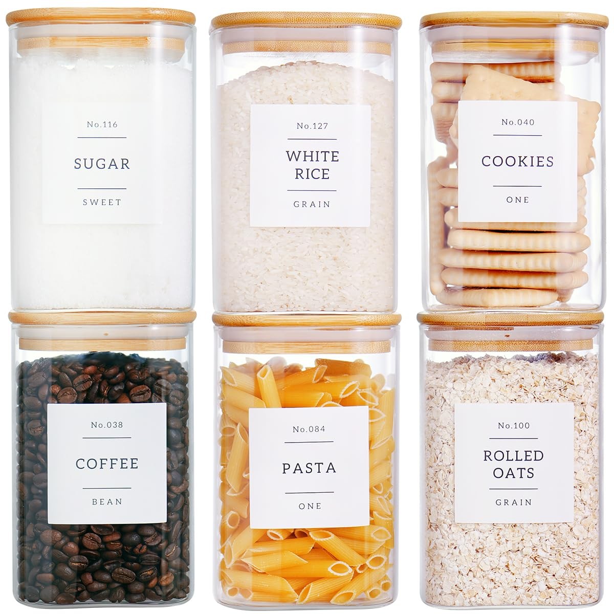 CZZGSM 6 Pack Square Kitchen Storage Jars with Airtight Bamboo Lids and 132