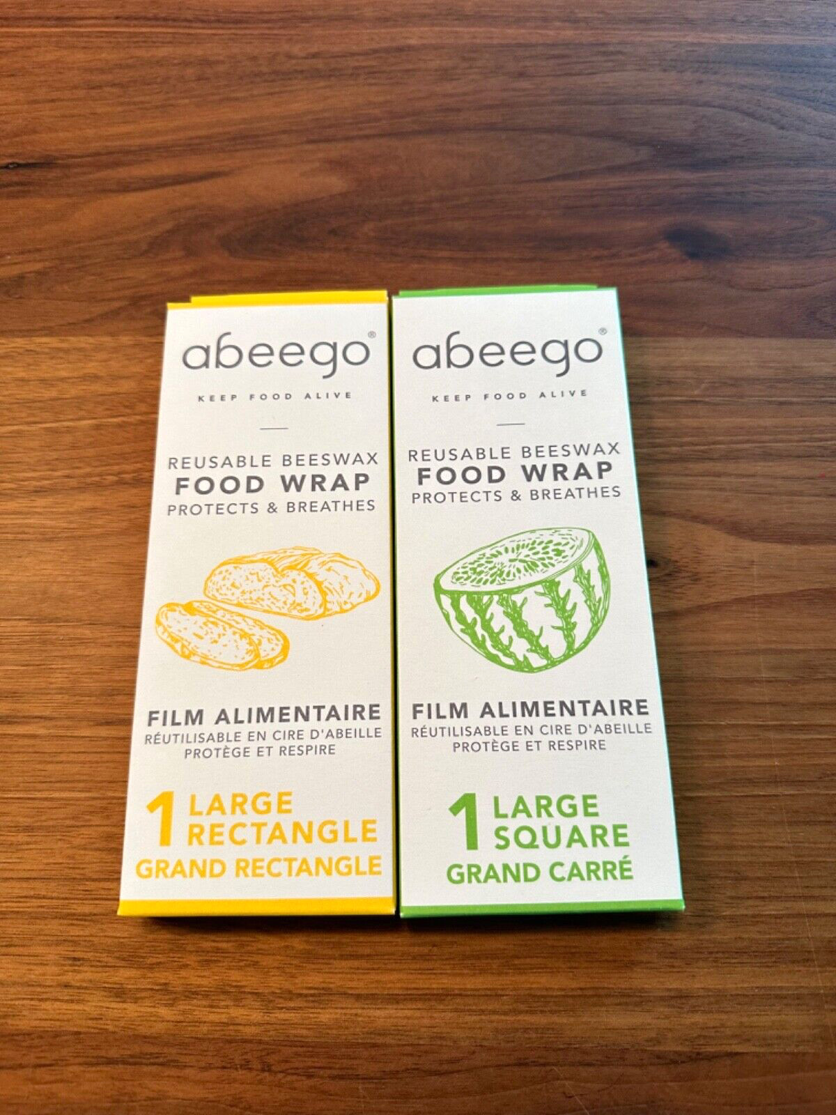 Bundle of 2 -ABEEGO-Reusable Beeswax Food Wrap,NEW, 1 Large Sq. +1 Large Rect.