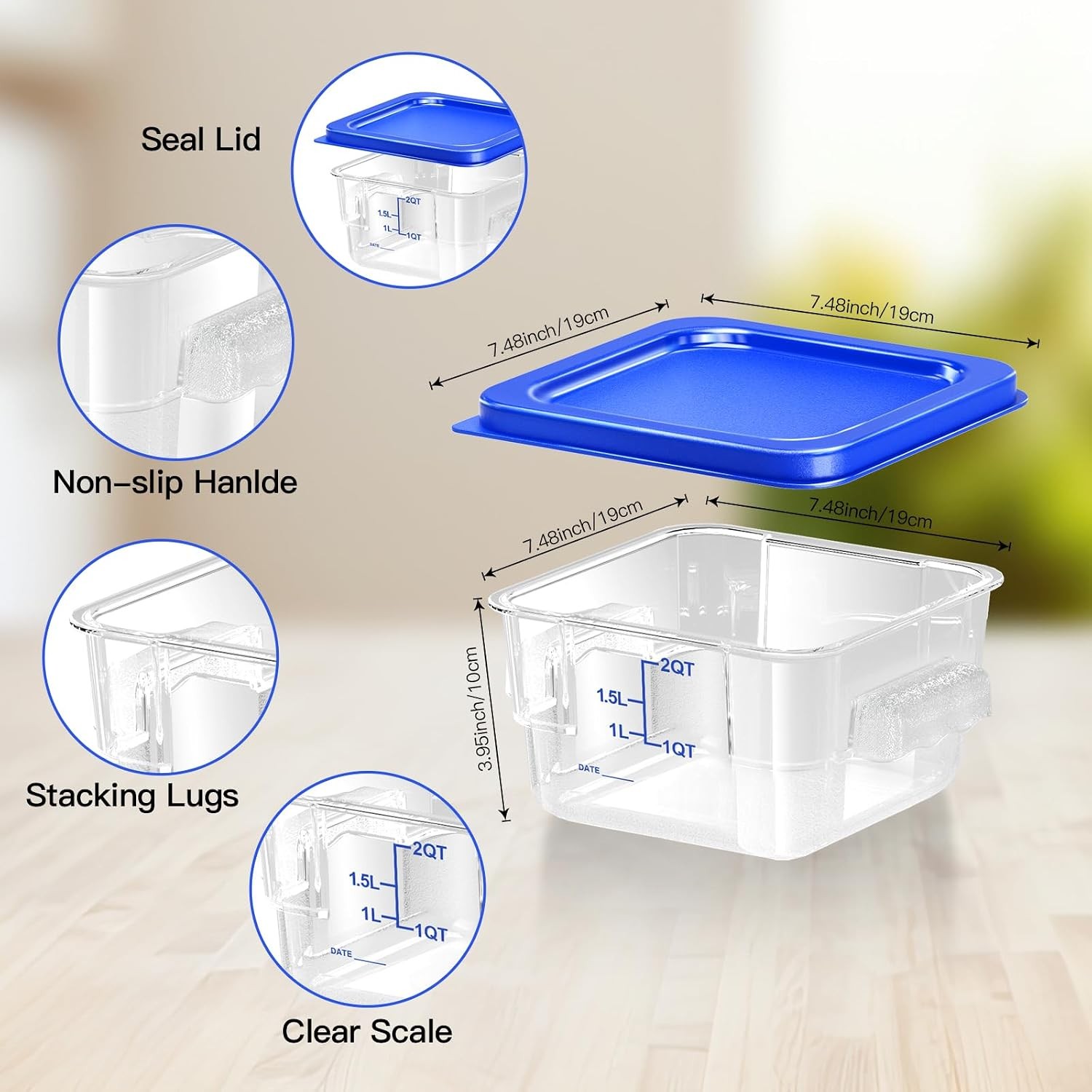 6 pcs 2qt Food Storage Containers W/ Lid Square Clear Commercial Food Storage