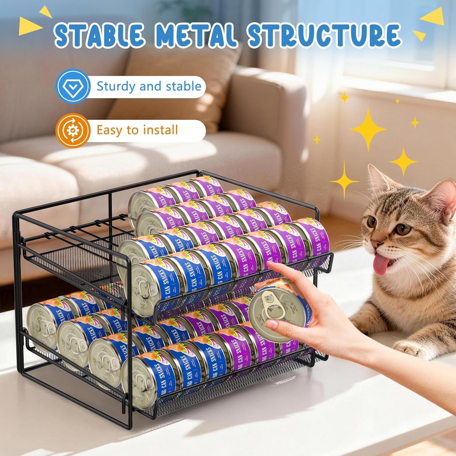 Cat Food Can Organizer, Can Organizer for Pantry, 2-Tier Metal Cat Food Storage