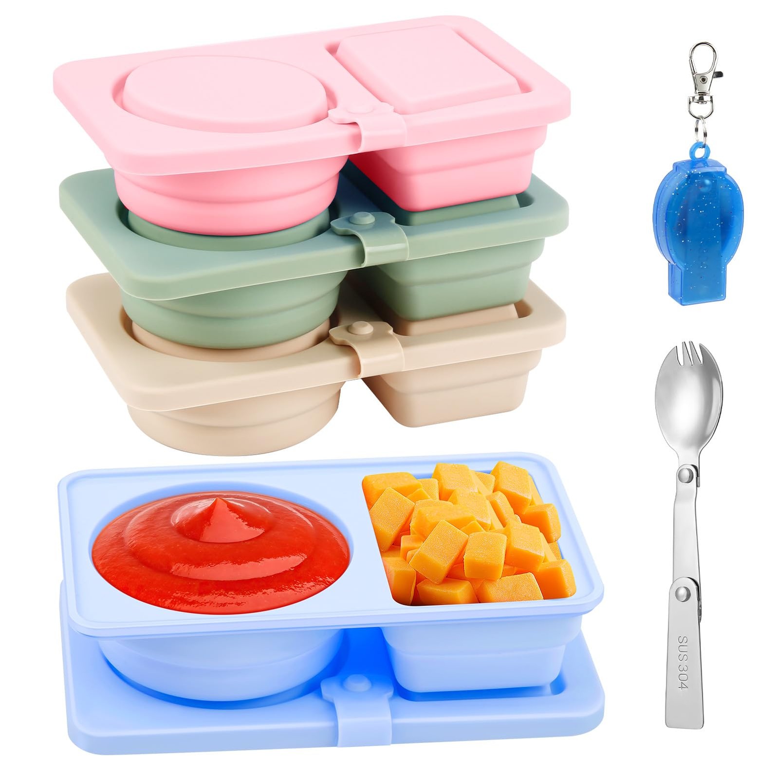 4 Pack Silicone Reusable Snack Containers with Lids, Double Compartment Snack…
