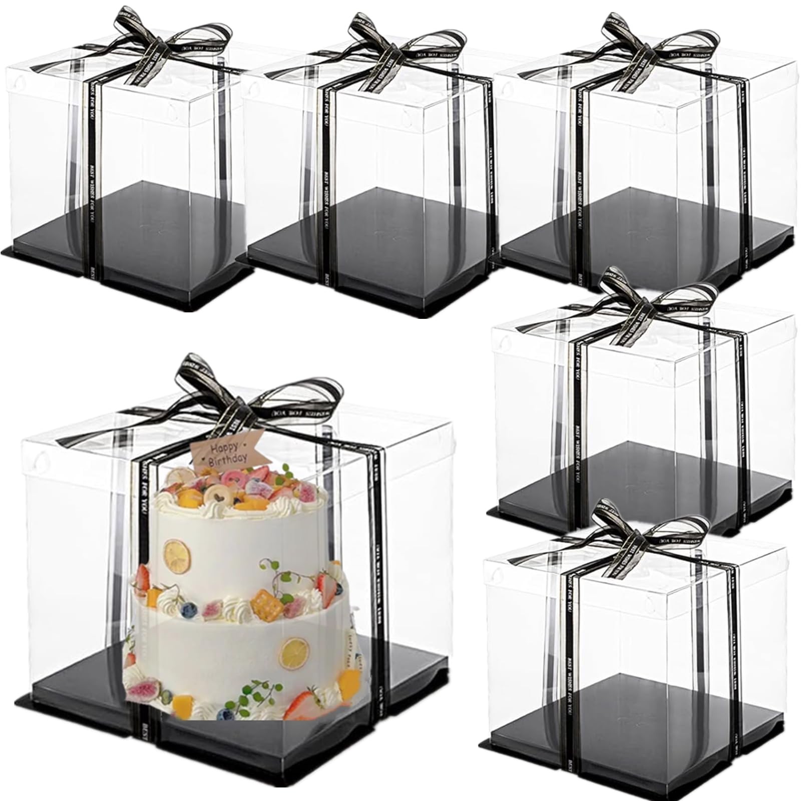 Zentriqlla 6 Pack Clear Cake Box with Ribbon, Tall Cake Carrier for 2-Layer C…