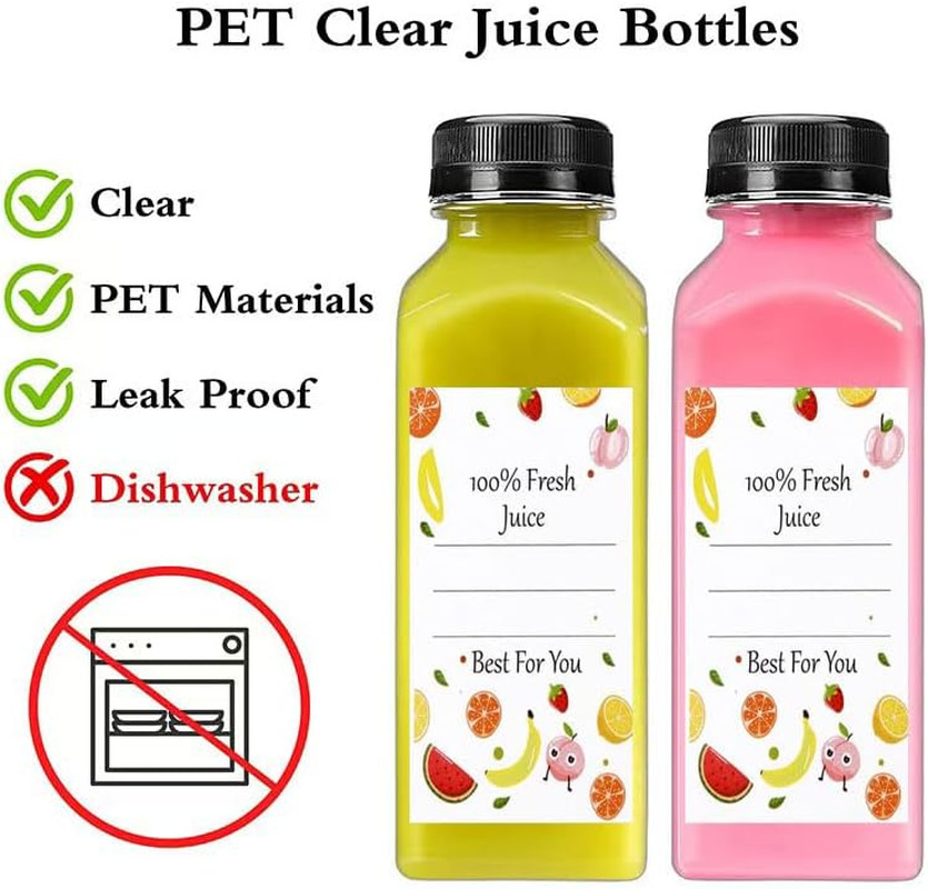 Plastic Juice Bottles with Caps 10Pcs 12Oz, Reusable Juice Containers with Black