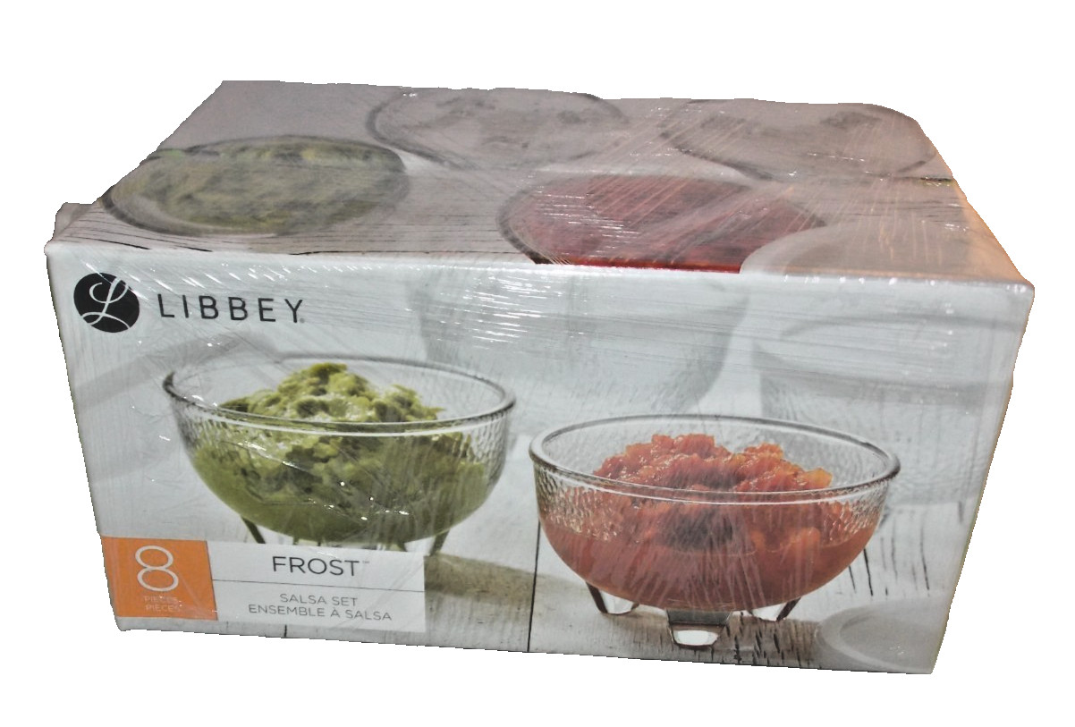 Libbey Salsa Set 4 Frost Round Glass Bowls 10.8 oz with 4 Plastic Lids