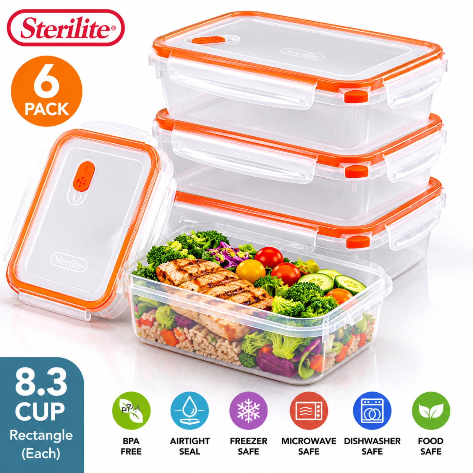 Sterilite Ultra-Seal Food Storage Containers 6 Pack 8.3 Cup Rectangle Orange
