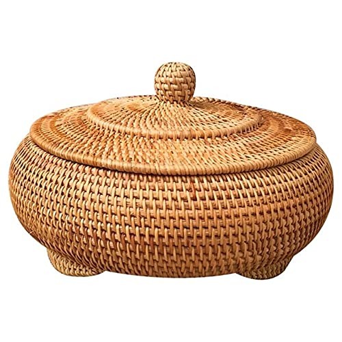 Round Rattan Boxes with Lid HandWoven MultiPurpose Wicker Tray 11 Inch Picnic…