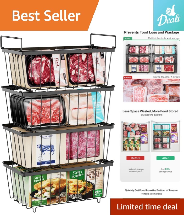 Deep Freezer Organizer Bins – Stackable Chest Freezer Organizer – 4 Pack, Black
